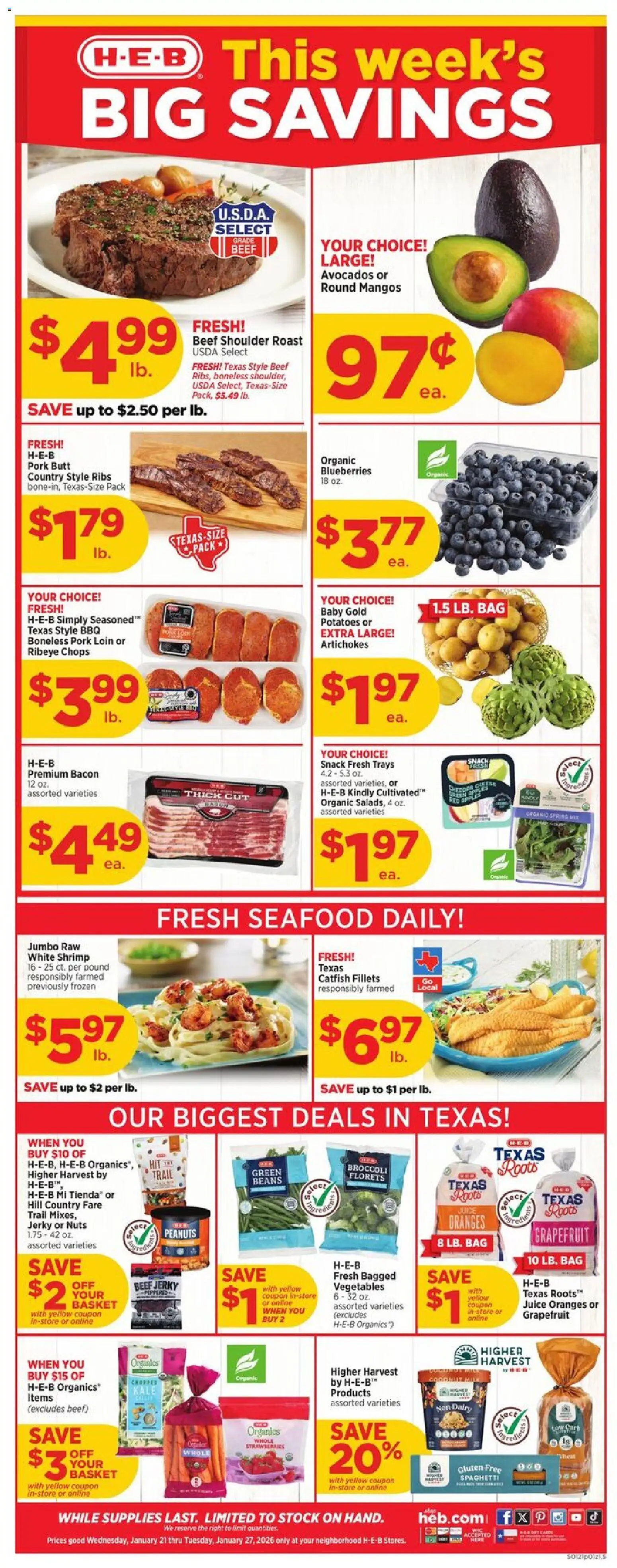 H-E-B Weekly Ad - valid from 21.01.2026 | Page: 1 | Products: Broccoli, Kale, Juice, Potatoes