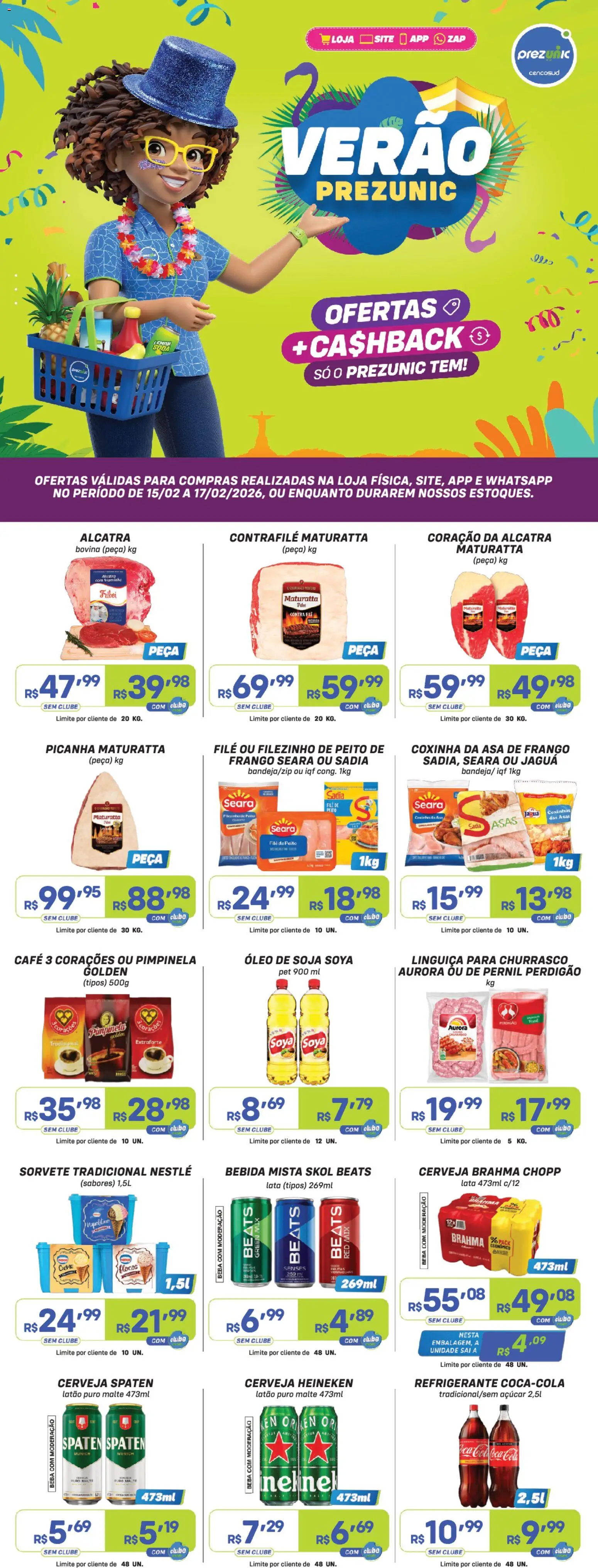 Prezunic Folheto - válido de 15.02.2026 | Página: 1 | Produtos: Alcatra, Cerveja Heineken, Flocos, Frango