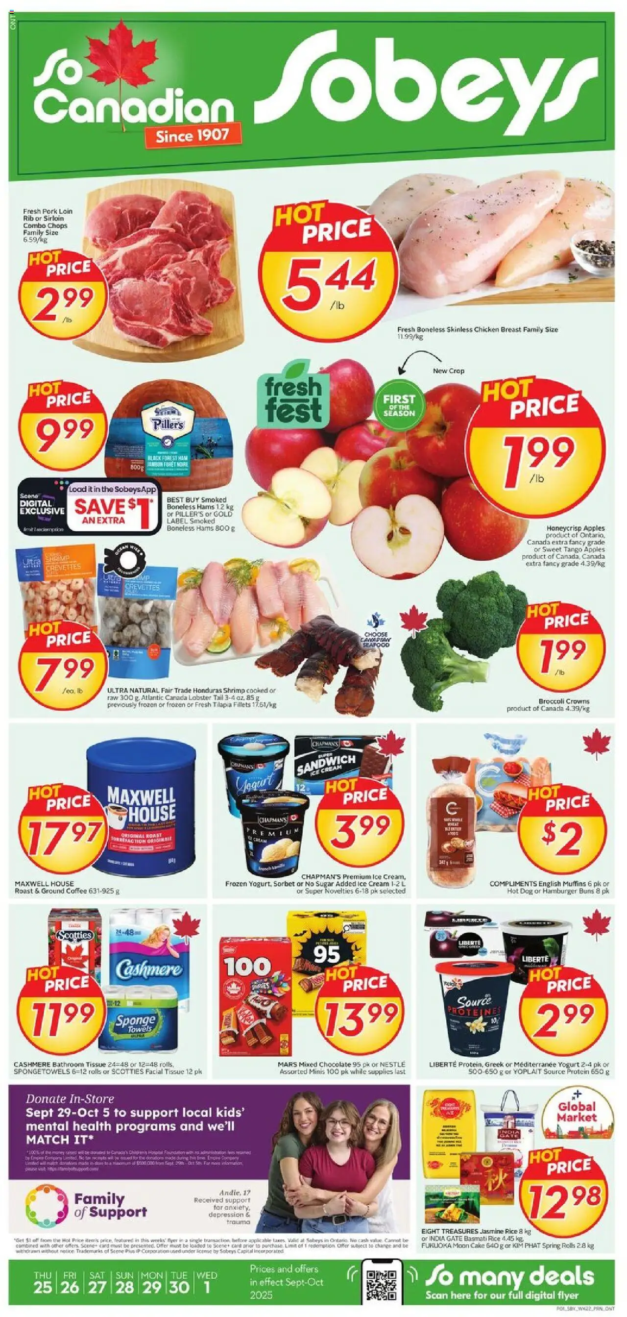 Sobeys flyer valid from 25.09.2025 | Page: 1 | Products: Cream, Coffee, Pork, Apples