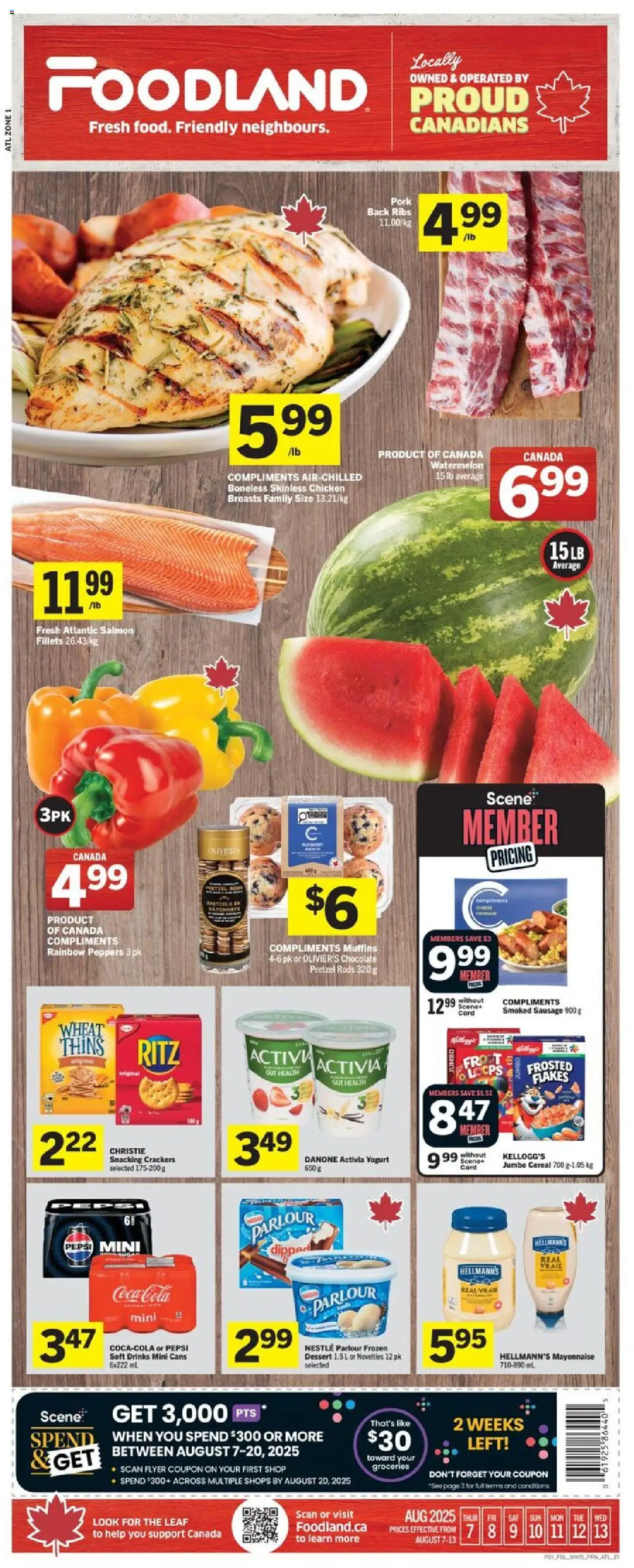 Foodland flyer valid from 07.08.2025 | Page: 1 | Products: Flakes, Chocolate, Chicken, Pork