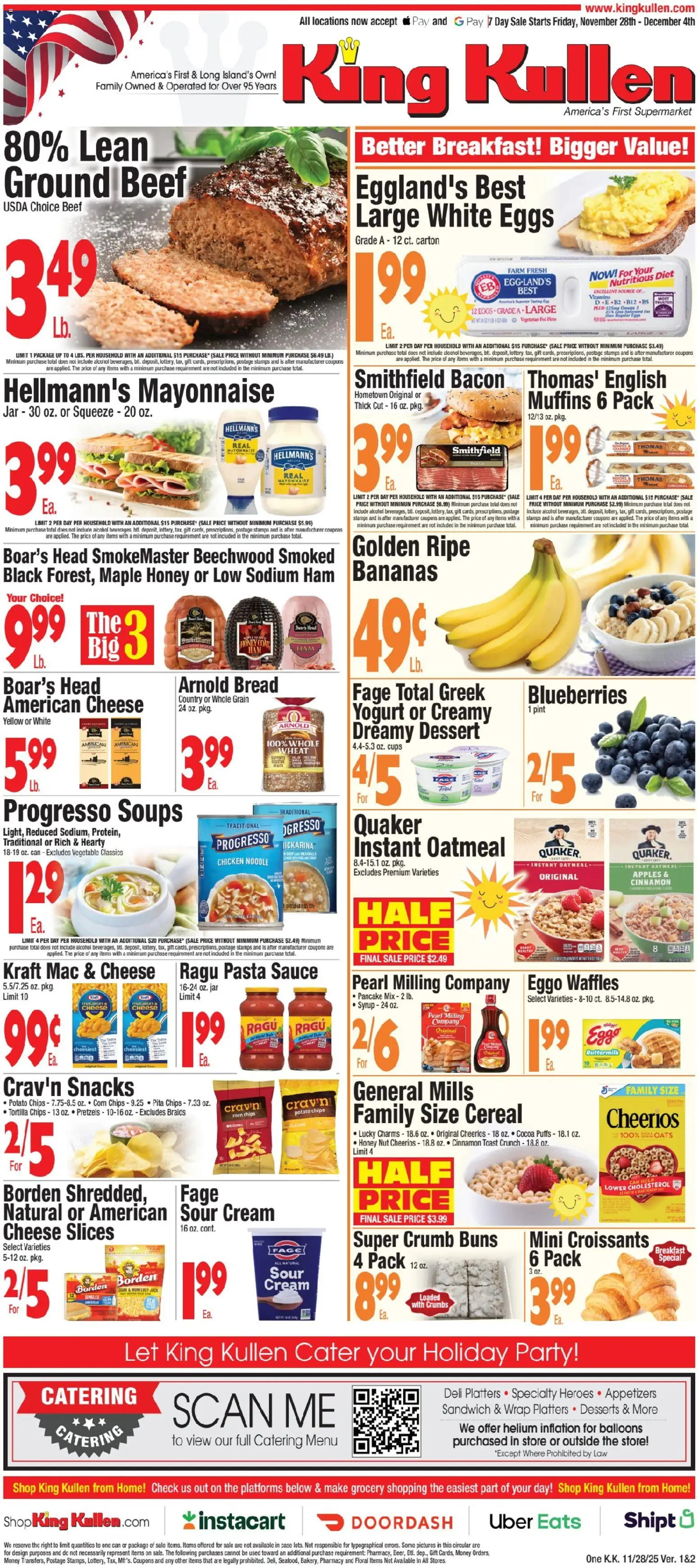 King Kullen Weekly Ad - valid from 28.11.2025 | Page: 1 | Products: Bread, Pasta, Chips, Croissants
