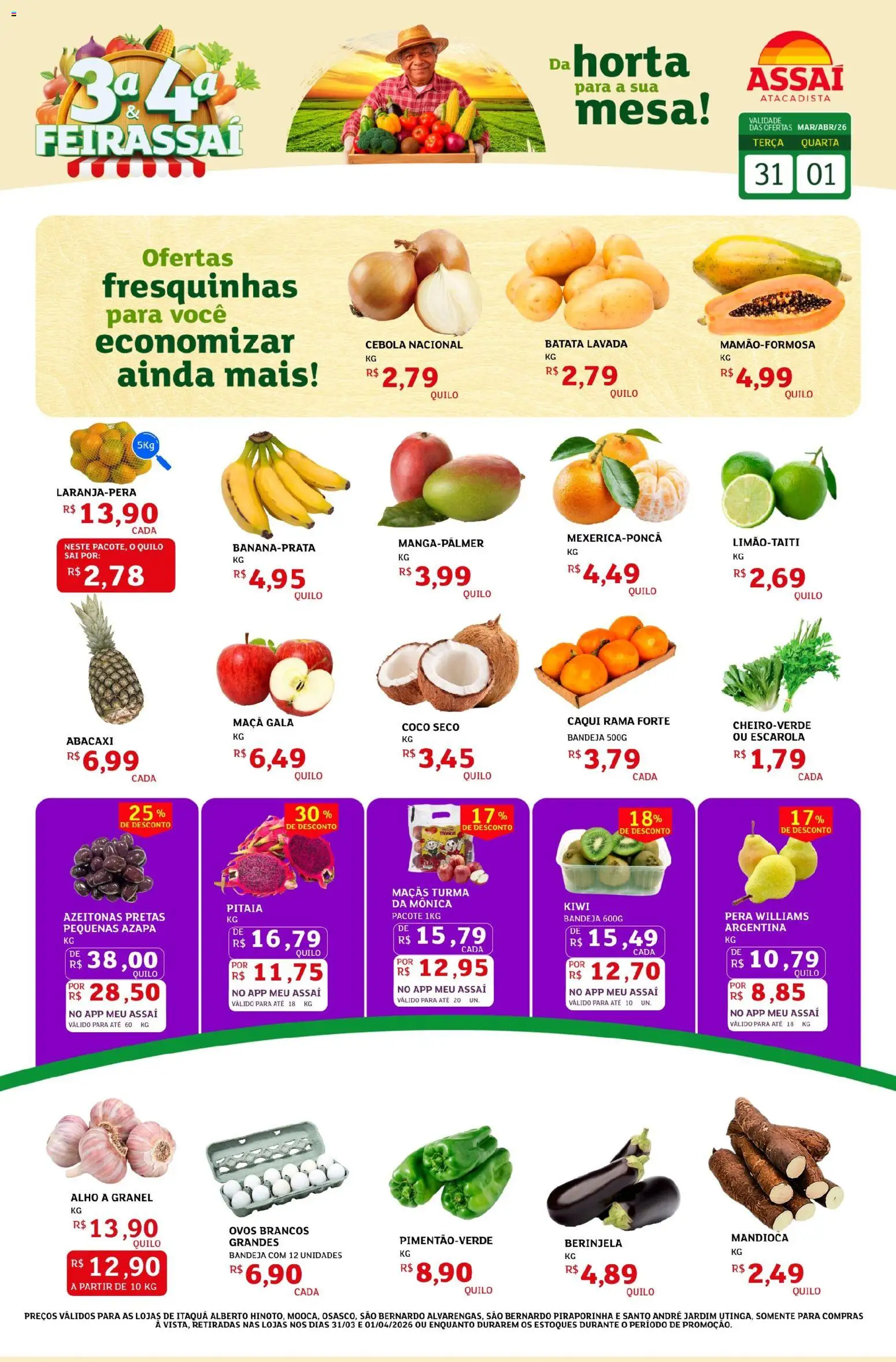 Assaí Atacadista Folheto - válido de 31.03.2026 | Página: 1 | Produtos: Caqui, Pera, Mandioca, Ovos