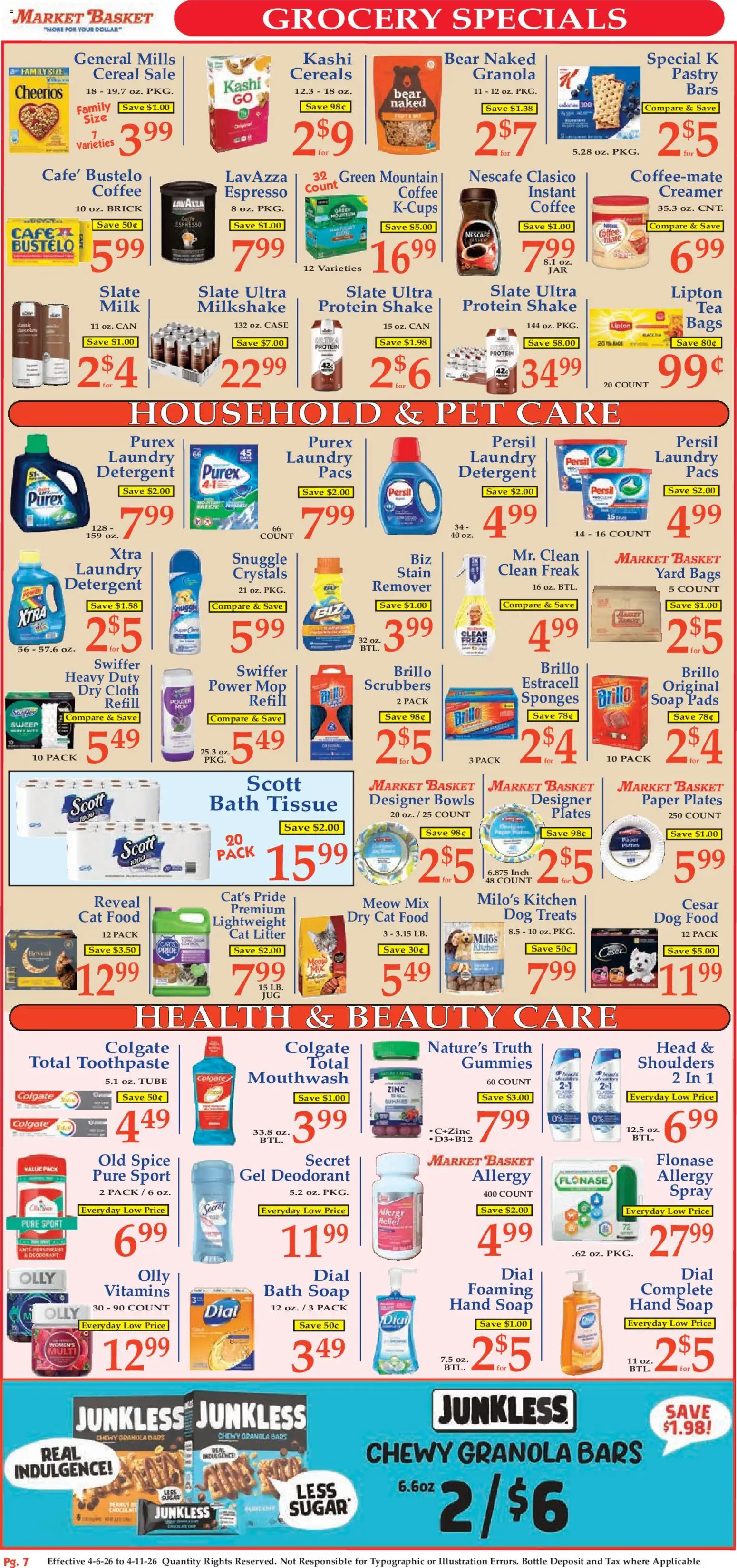 Market Basket Ad - valid from 05.04.2026 | Page: 7 | Products: Dog Treats, Chocolate, Detergent, Case
