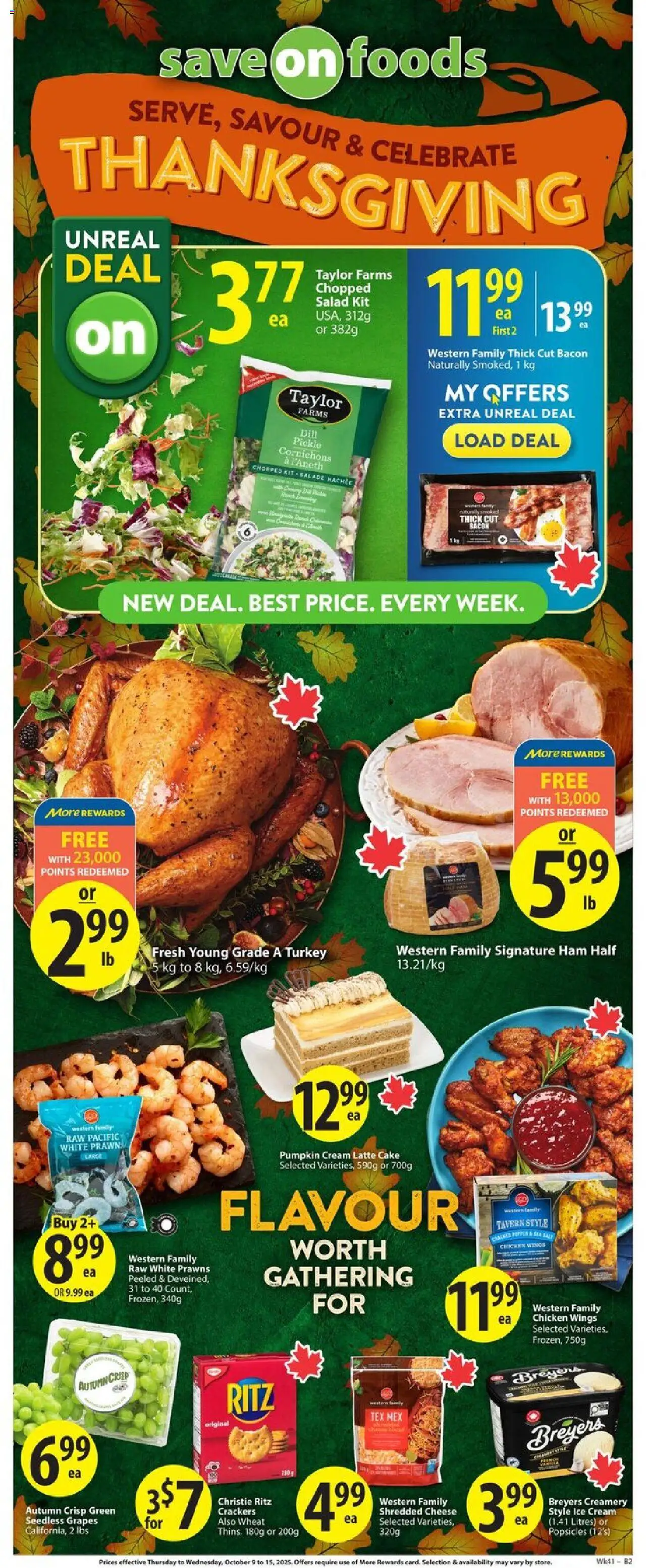 Save on foods flyer valid from 09.10.2025 | Page: 1 | Products: Chicken wings, Cheese, Ham, Chicken