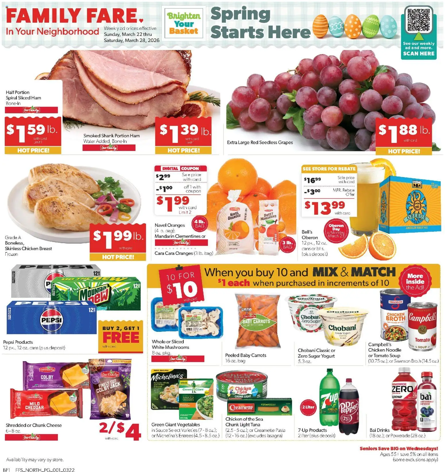 Family Fare Weekly Ad - MI - valid from 22.03.2026 | Page: 1 | Products: Basket, Cheese, Vegetables, Sauce