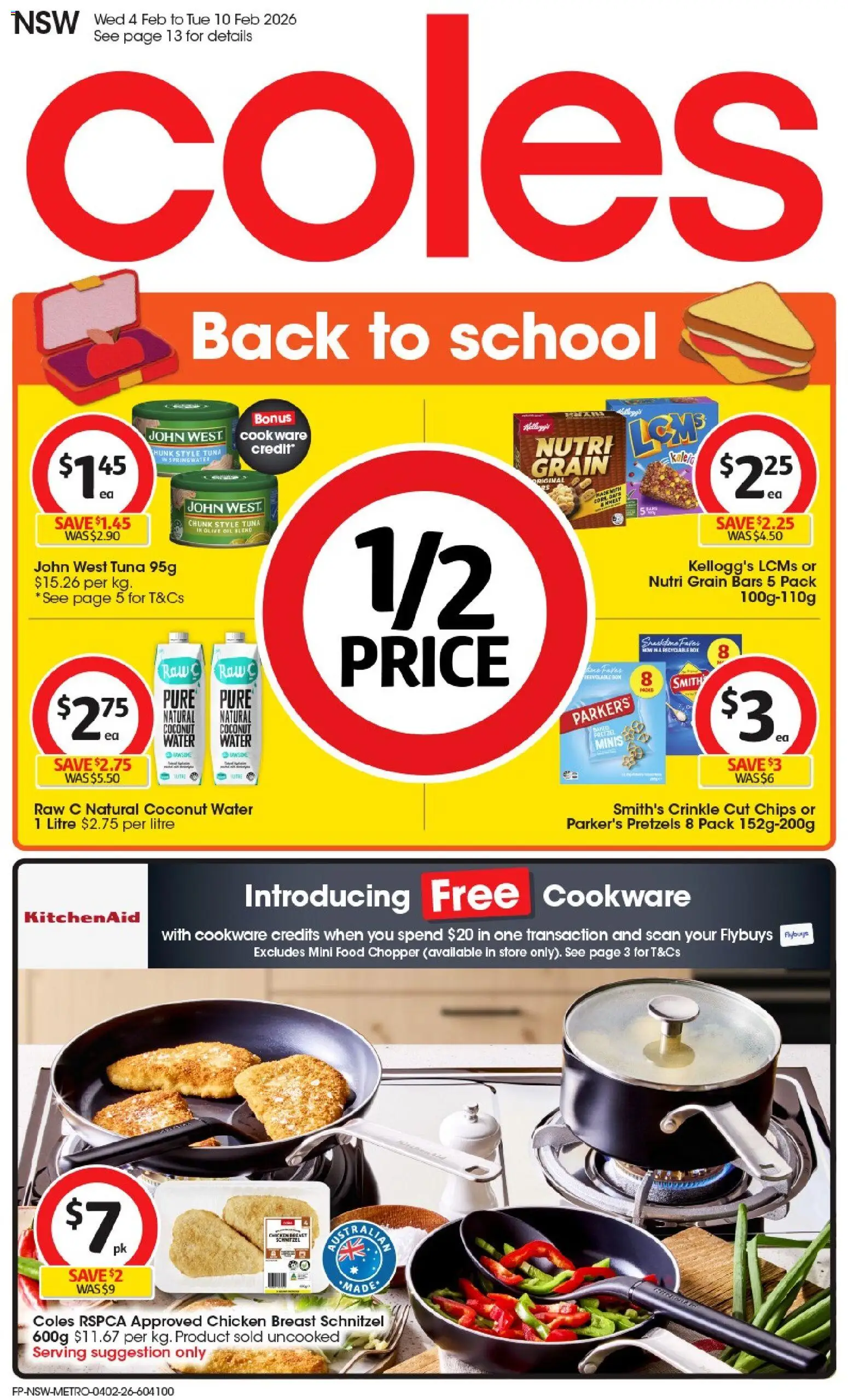 Coles catalogue - valid from 04.02.2026 | Page: 1 | Products: Chips, Pretzels, Water, Tuna