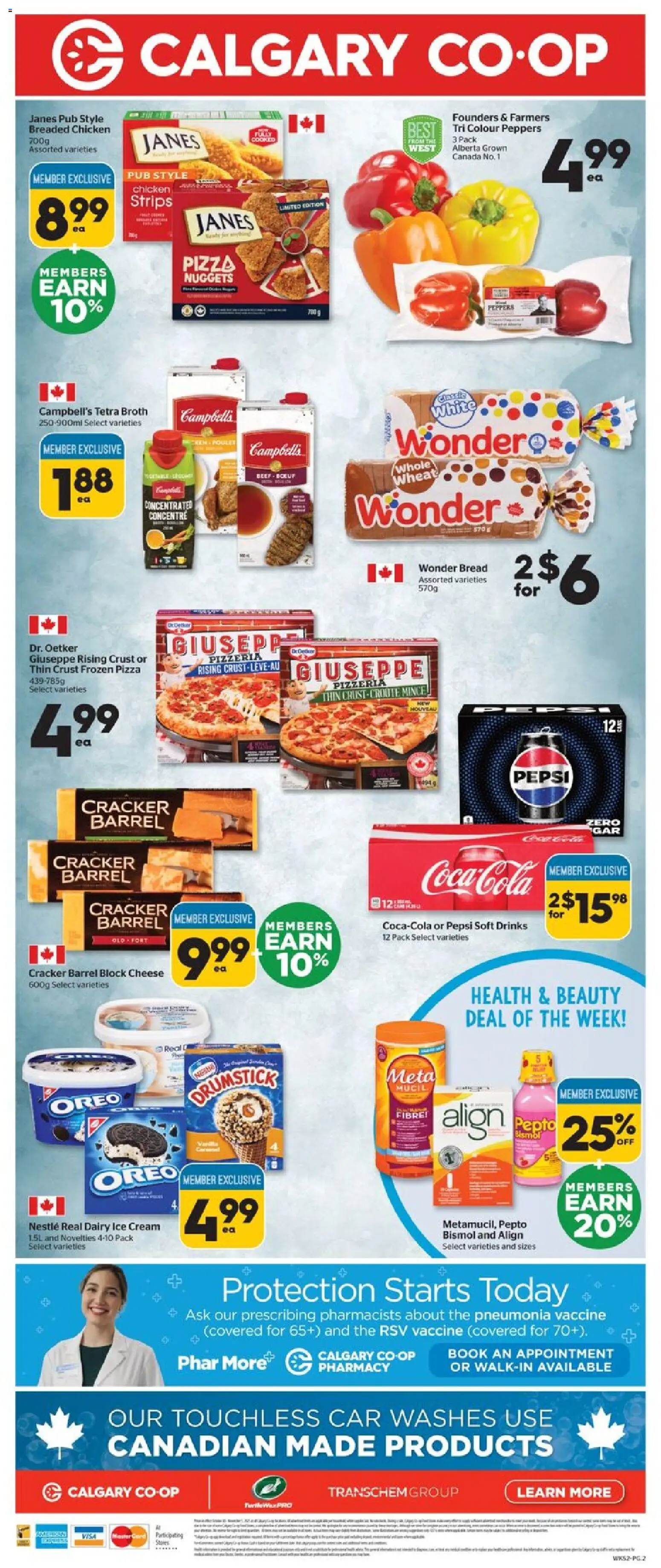 Calgary Co-op flyer valid from 30.10.2025 | Page: 2 | Products: Cream, Cheese, Pizza, Chicken