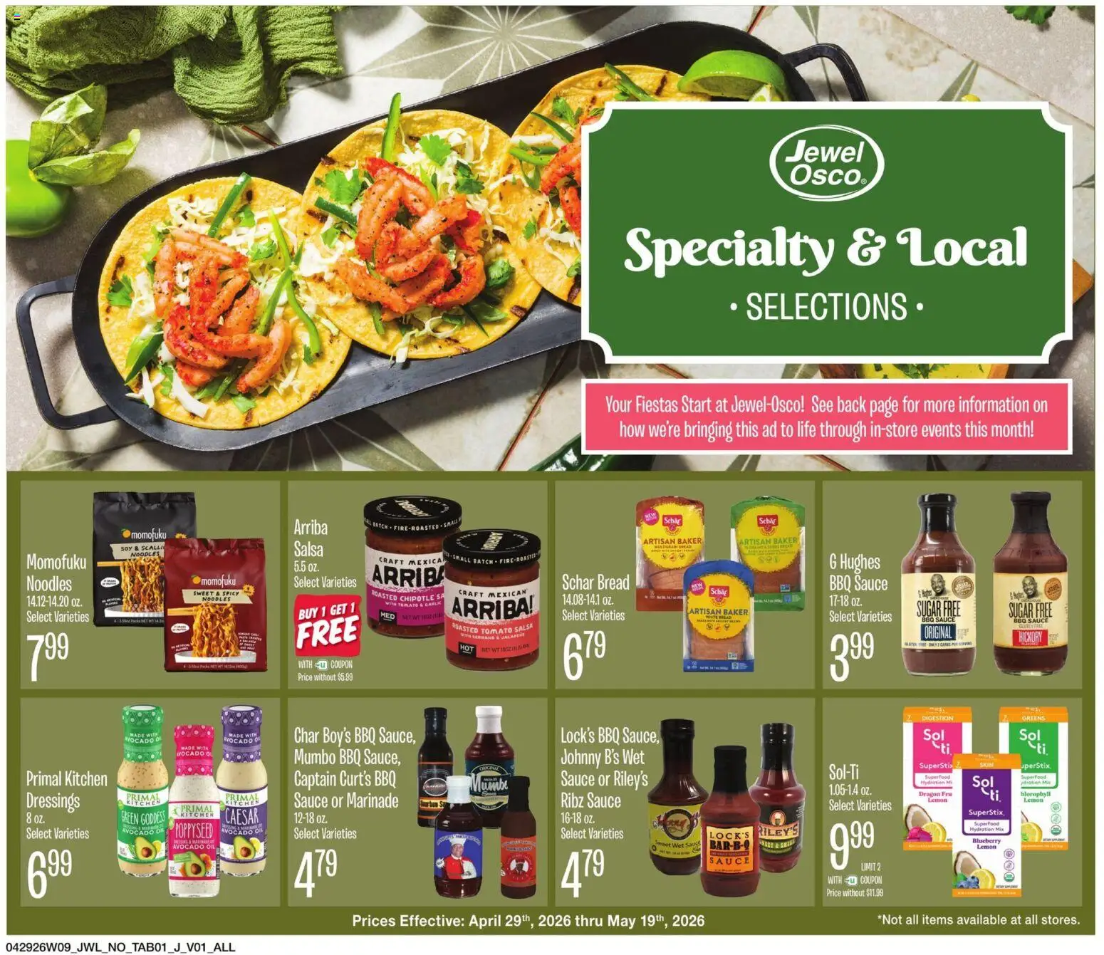 Jewel Osco Specialty & Local - valid from 29.04.2026 | Page: 1 | Products: Oil, Noodles, Sauce, Greens