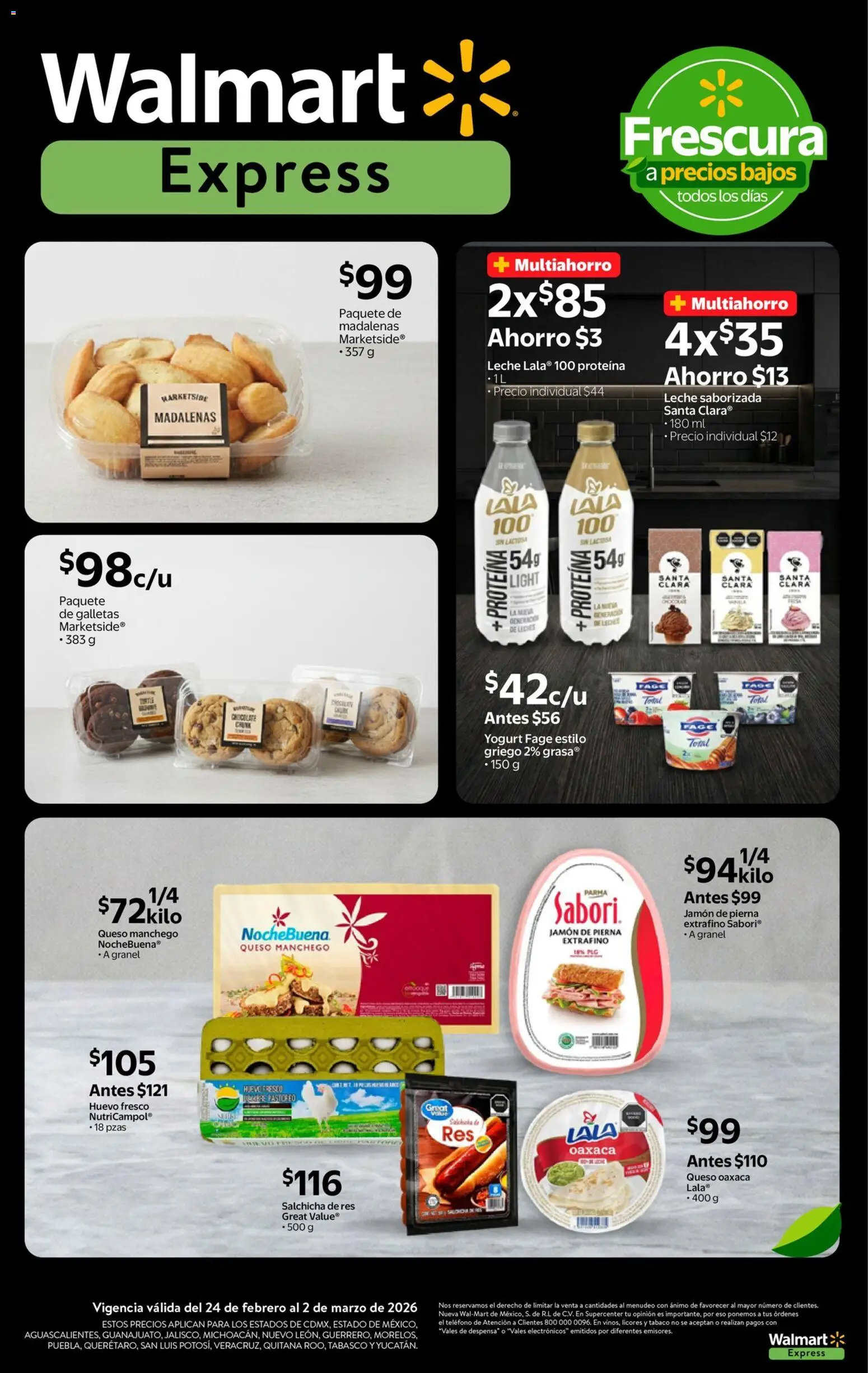 Nuevas ofertas de Walmart Express válidas en toda la República Mexicana desde el 24.02.2026. ¡Encuentra las mejores ofertas en Walmart Express folleto! | Página: 4 | Productos: Salchicha, Huevo, Chocolate, Res