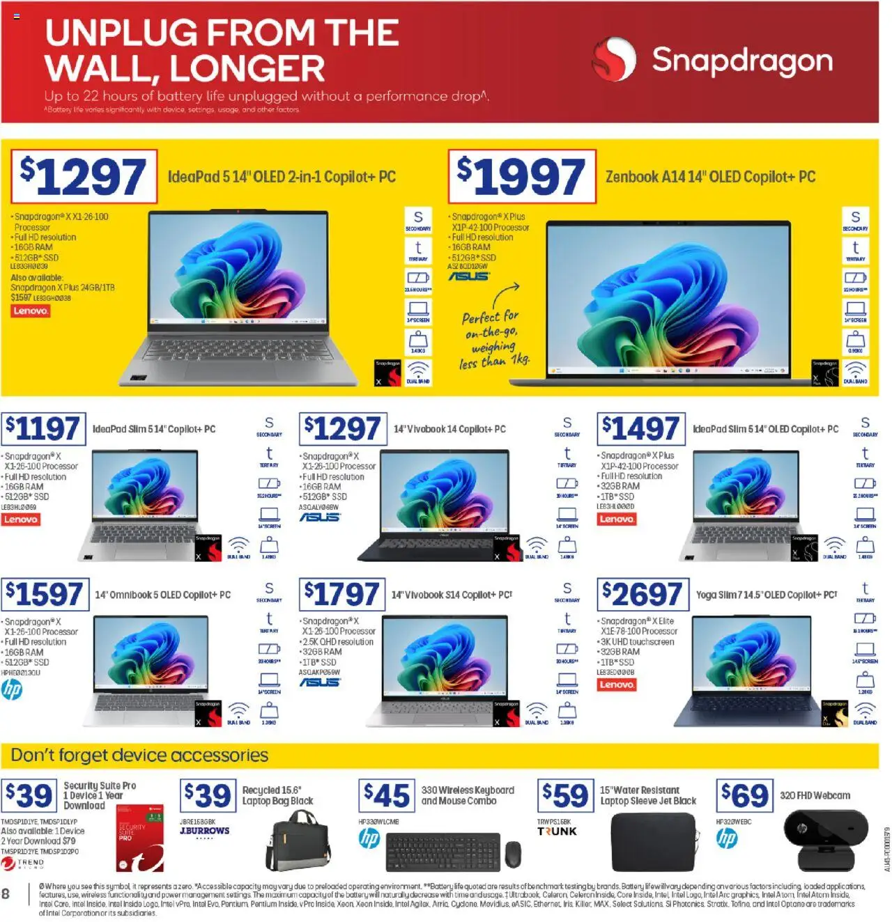 Officeworks catalogue - valid from 01.10.2025 | Page: 8 | Products: Battery, Mouse, Laptop, Webcam