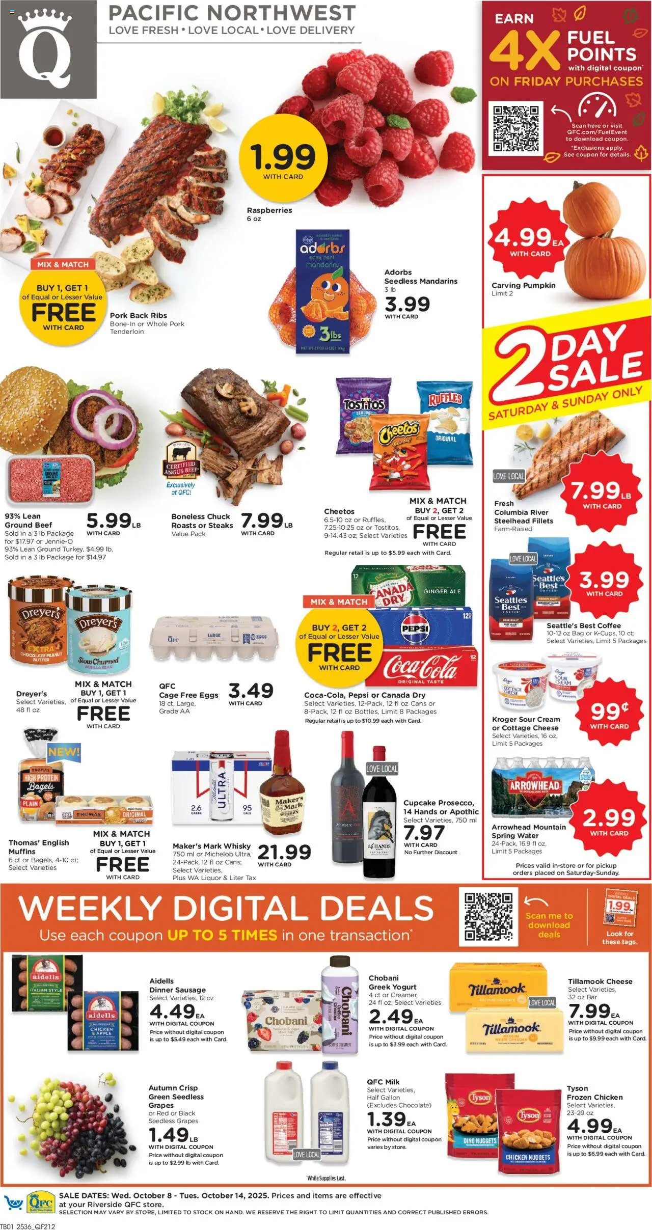 QFC Weekly Ad - WA - valid from 08.10.2025 | Page: 1 | Products: Cheese, Yogurt, Pumpkin, Bag