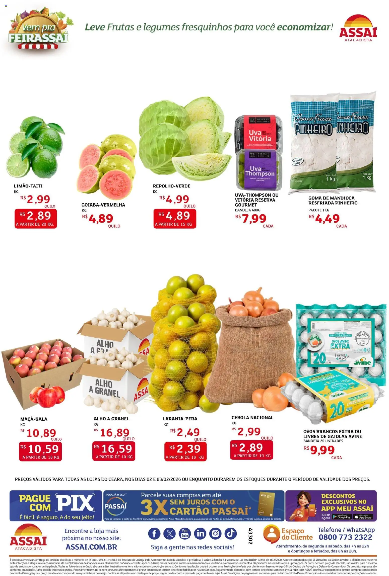Assaí Atacadista Folheto - válido de 02.02.2026 | Página: 2 | Produtos: Cebola, Mandioca, Bandeja, Telefone