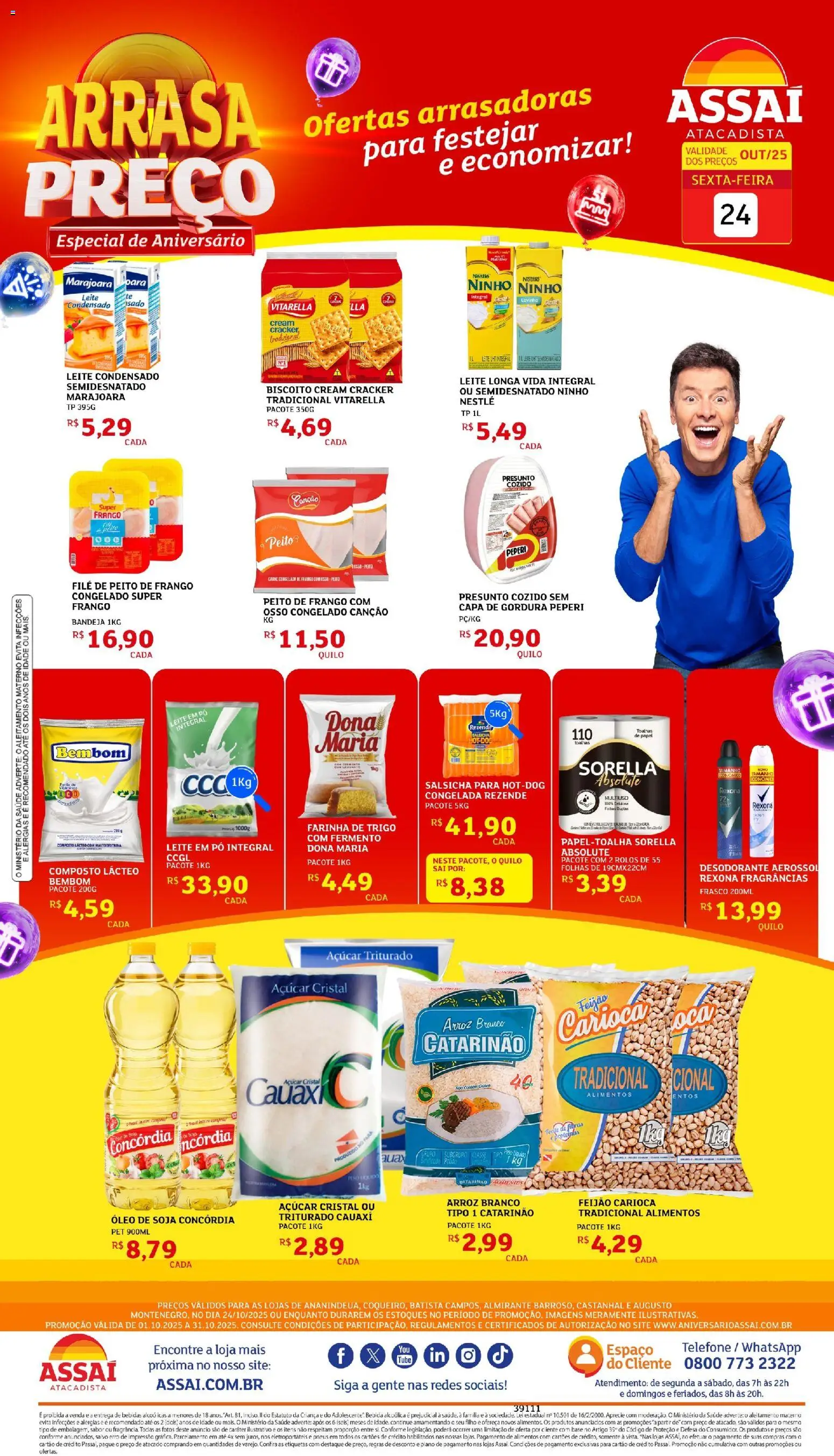 Assaí Atacadista Folheto - válido de 24.10.2025 | Página: 1 | Produtos: Feijão, Salsicha, Telefone, Leite em pó