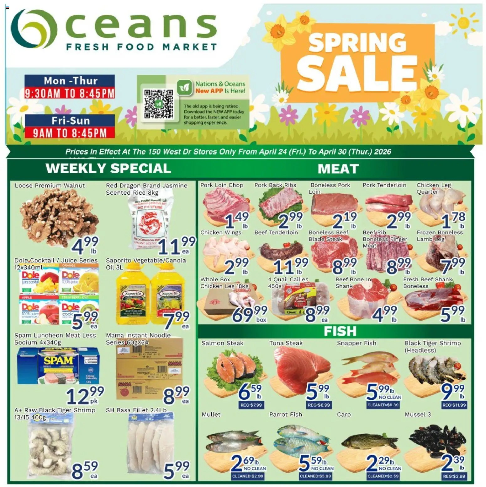 Oceans flyer valid from 24.04.2026 | Page: 1 | Products: Fish, Beef, Box, Pork
