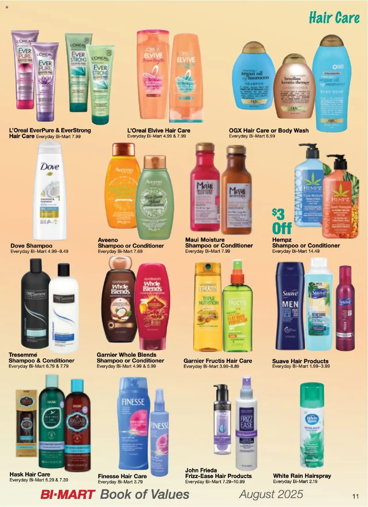 Bi-Mart August Health & Beauty Digest - valid from 01.08.2025 | Page: 11 | Products: Shampoo, Conditioner, Oil, Body Wash