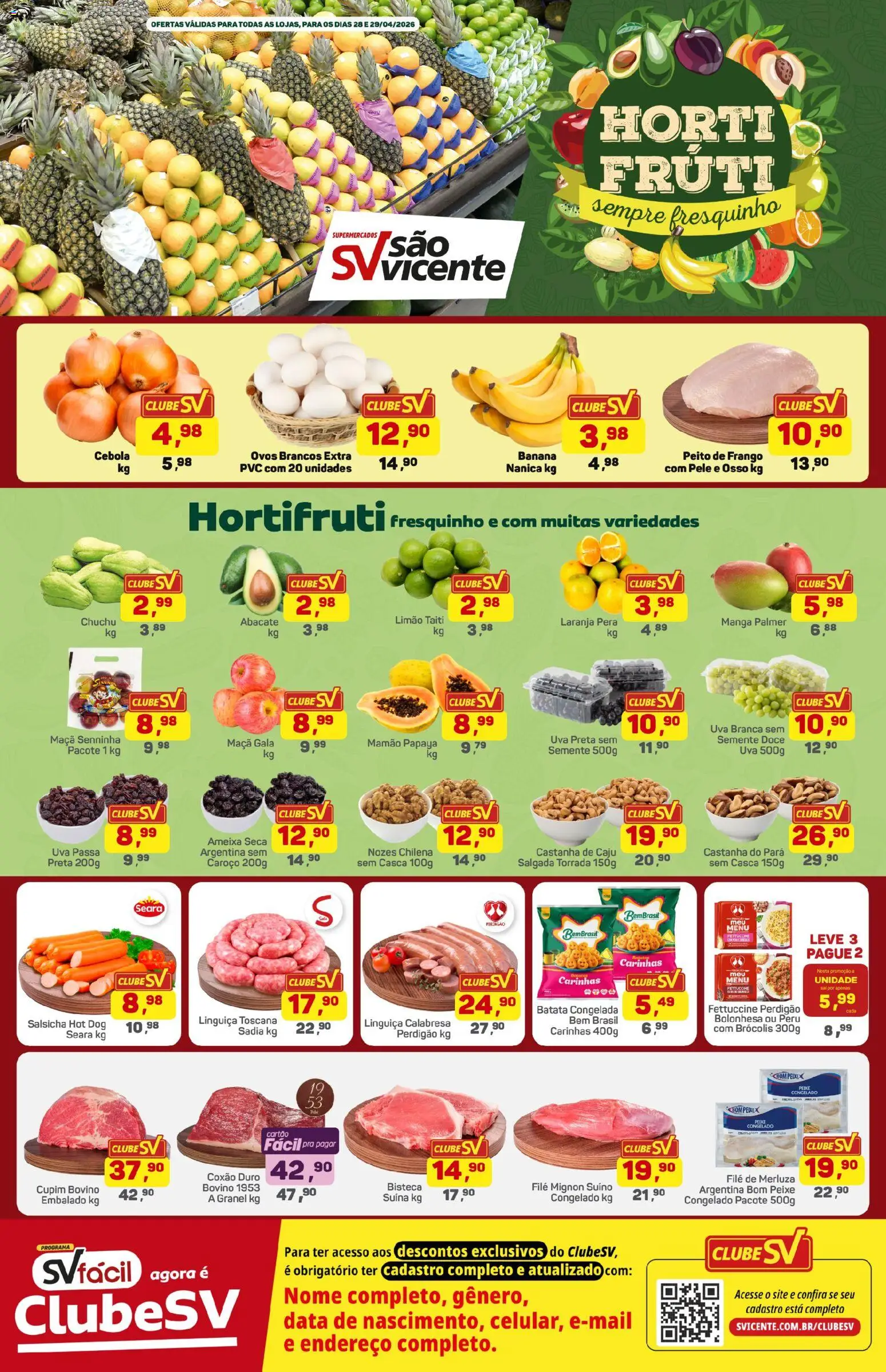 Supermercados São Vicente Folheto - válido de 28.04.2026 | Página: 1 | Produtos: Pera, Ovos, Batata, Frango
