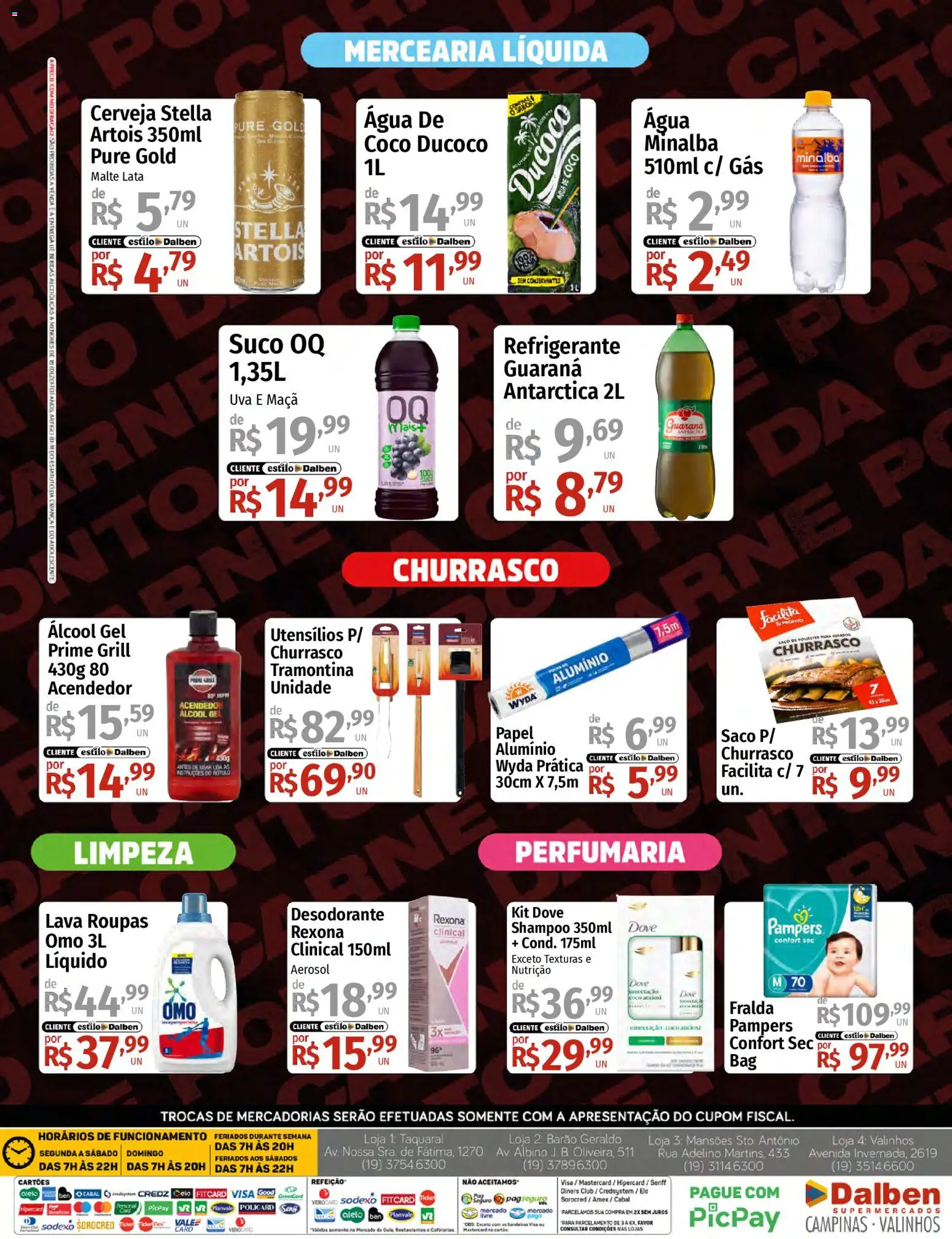 Supermercado Dalben Folheto - válido de 18.03.2026 | Página: 4 | Produtos: Shampoo, Grill, Pampers, Minalba