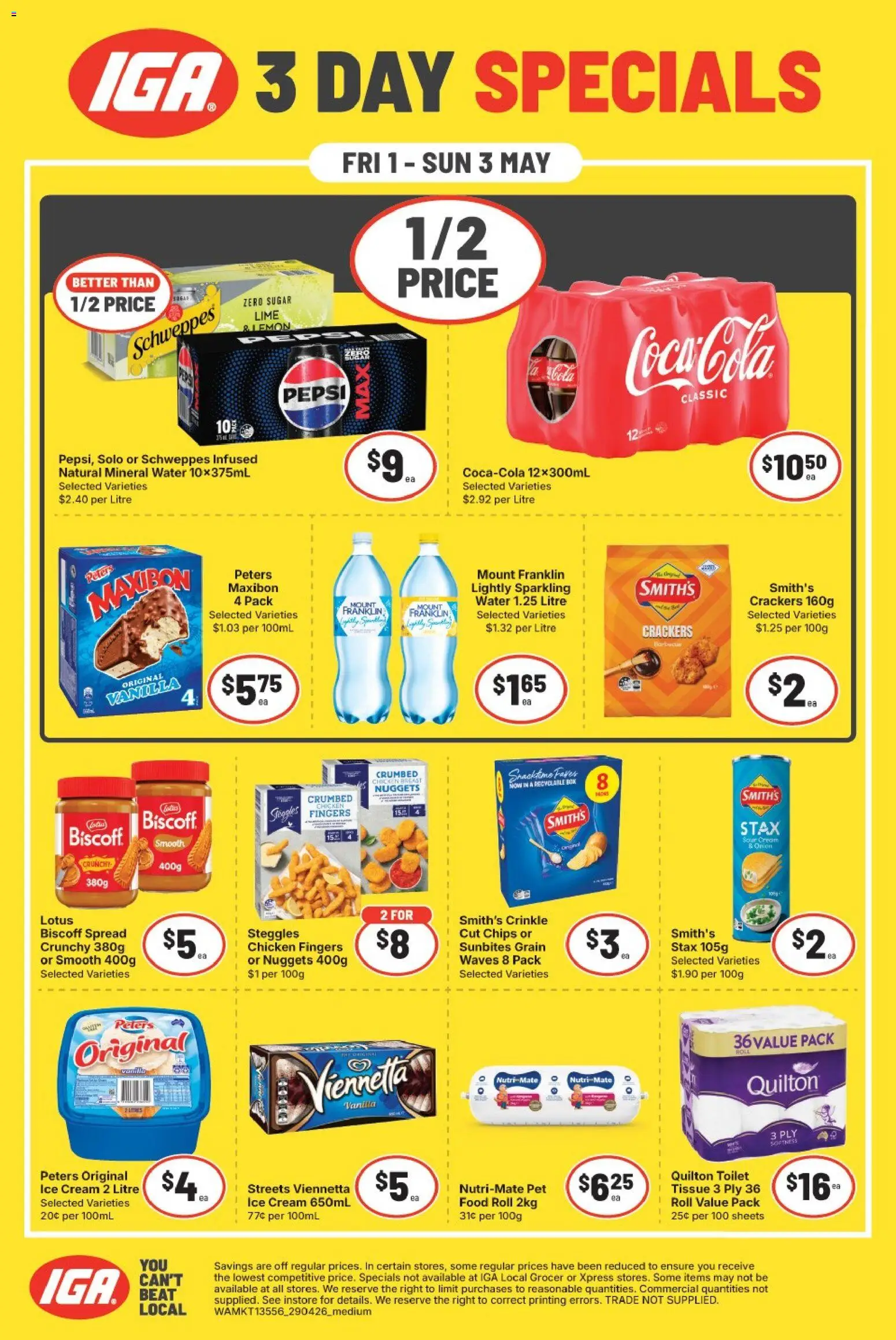 IGA catalogue - valid from 01.05.2026 | Page: 1 | Products: Chicken, Pepsi, Chips, Water