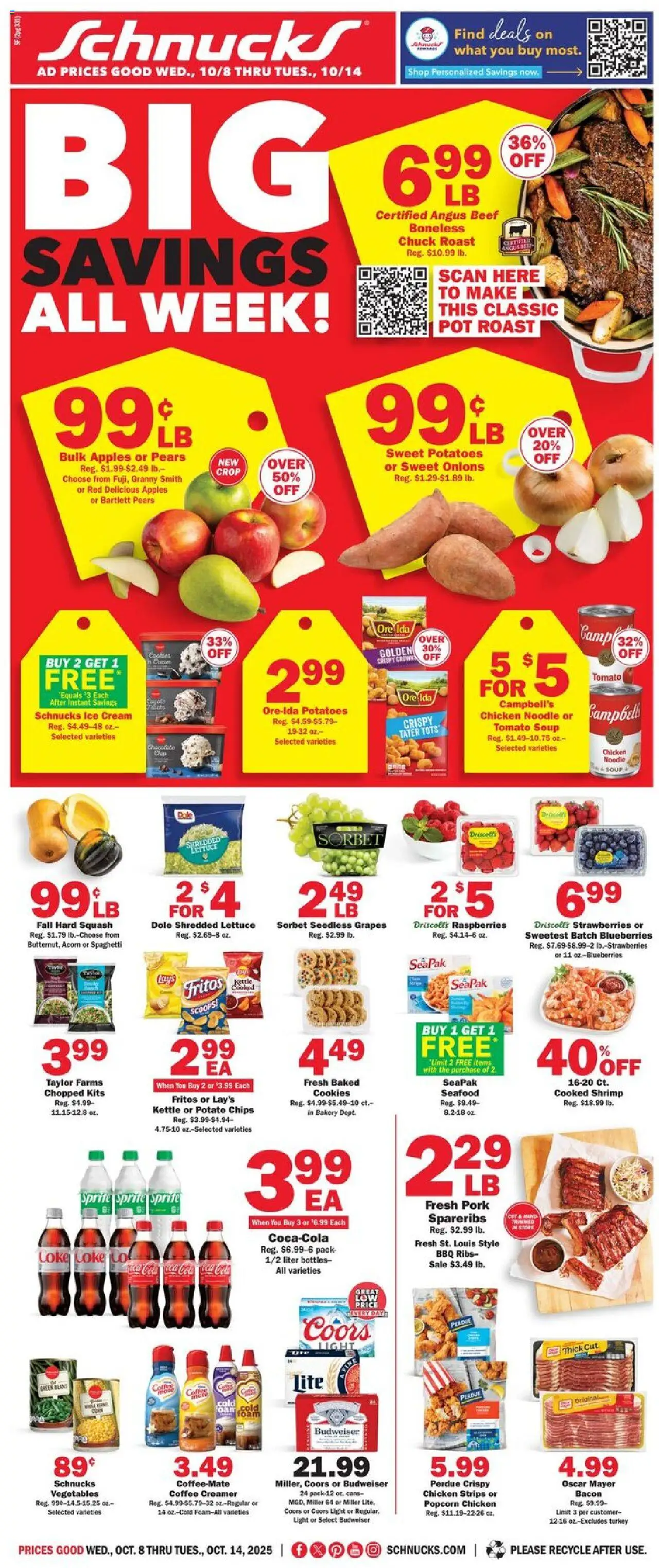 Schnucks Weekly Print Ad - IN - valid from 08.10.2025 | Page: 1 | Products: Bakery, Beef, Potatoes, Vegetables