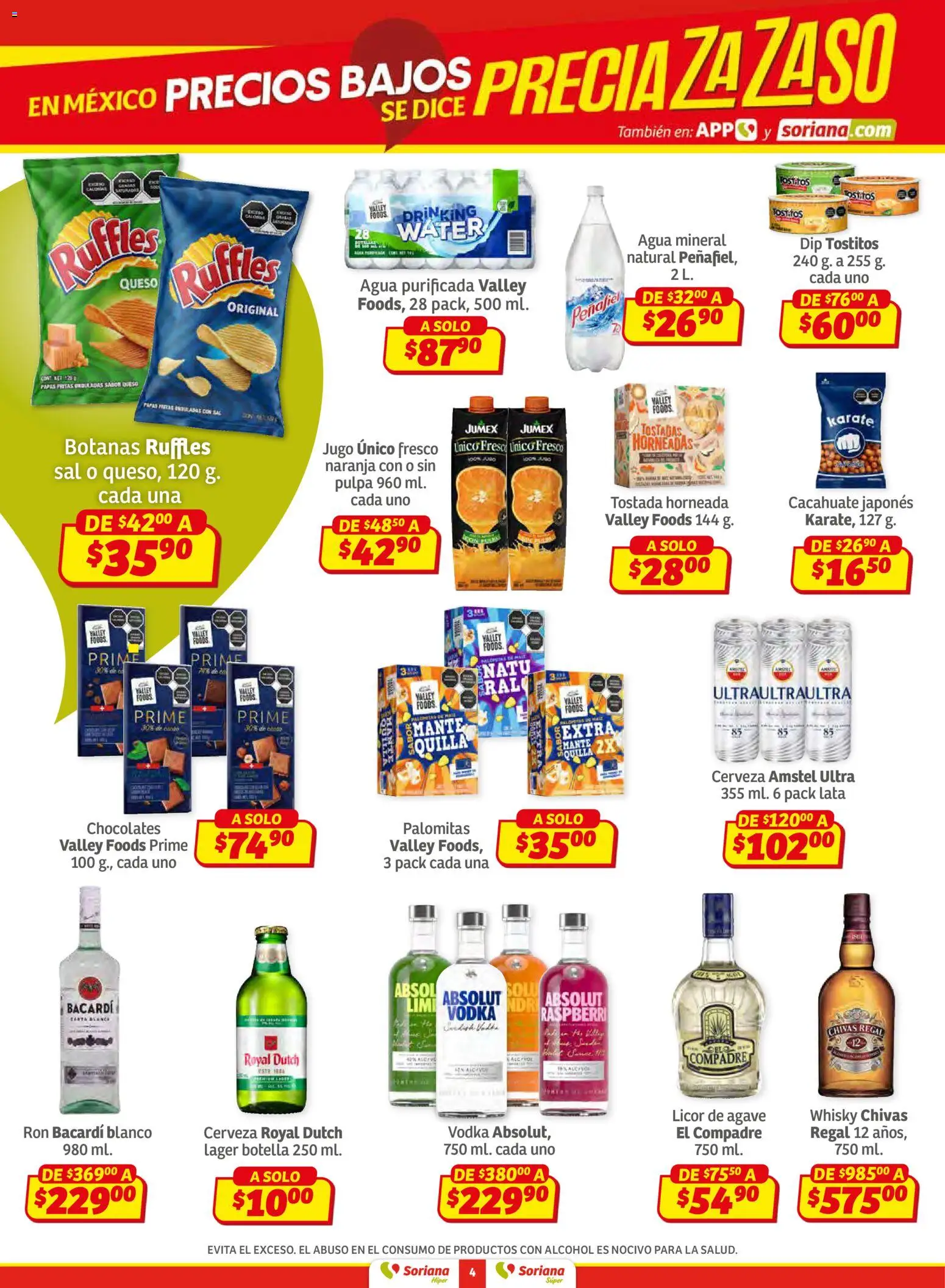 Nuevas ofertas de Soriana válidas en toda la República Mexicana desde el 15.01.2026. ¡Encuentra las mejores ofertas en Soriana - Preciazazaso Súper: Ags, Col, Gto, Jal, Mich! | Página: 4 | Productos: Agua, Papas fritas, Botella, Vodka