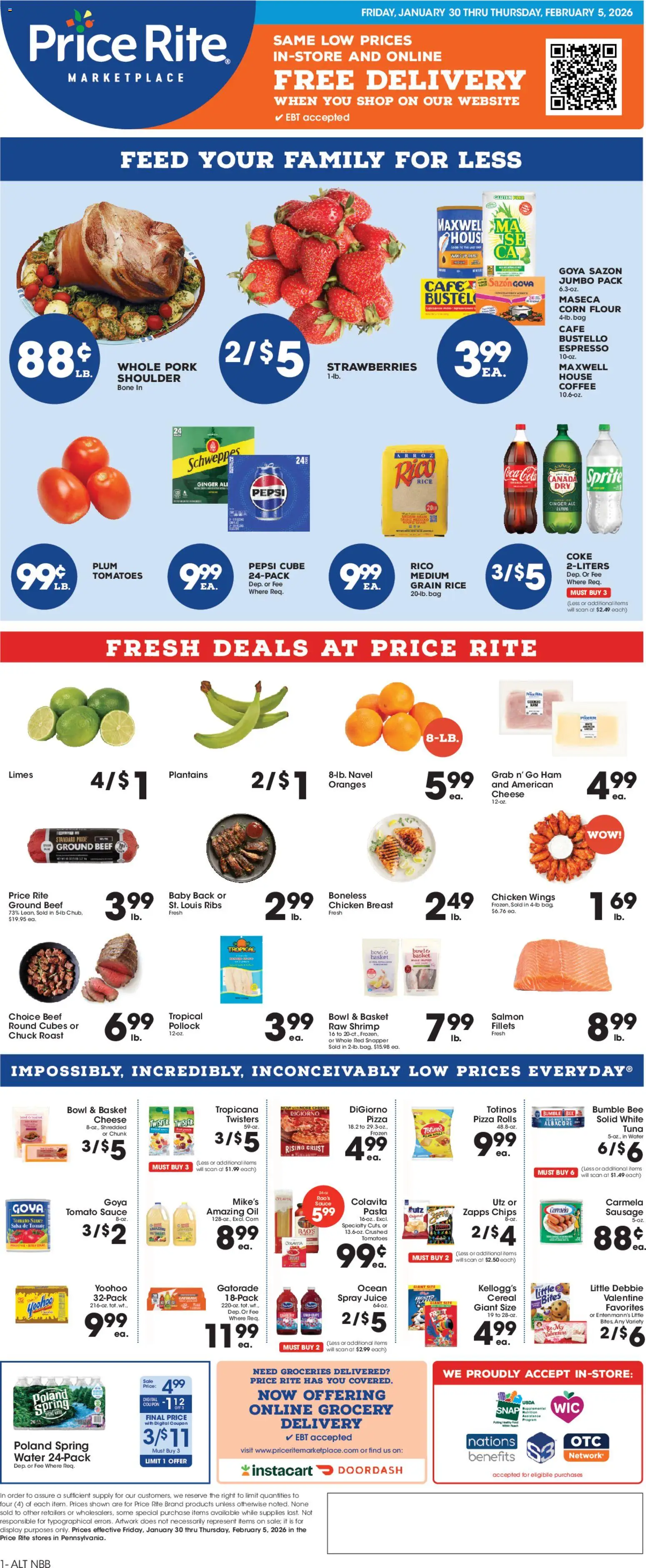Price Rite Weekly Ad - valid from 30.01.2026 | Page: 1 | Products: Oil, Oranges, Strawberries, Sausage