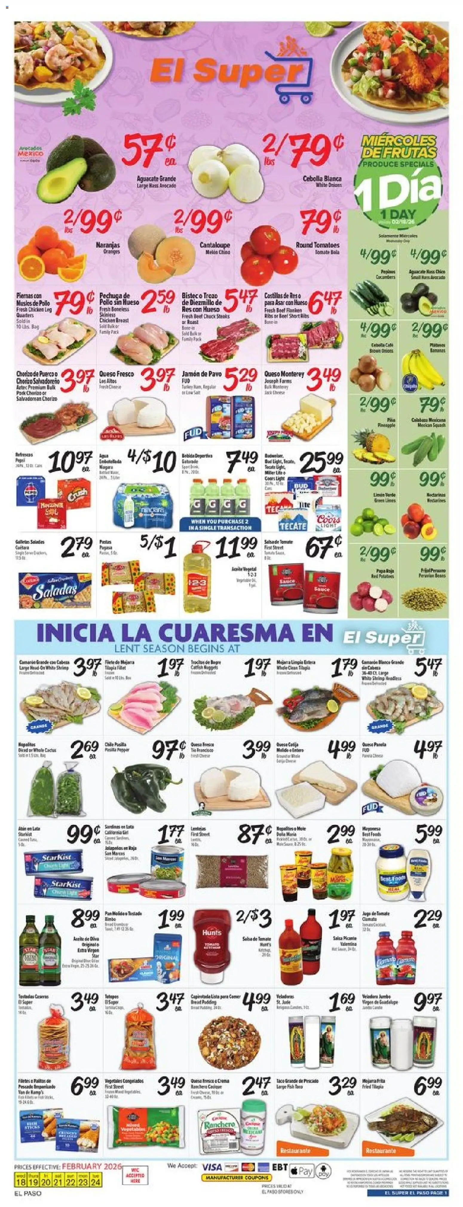 El Super Weekly Ad - TX - valid from 18.02.2026 | Page: 1 | Products: Cheese, Tomatoes, Avocado, Melon