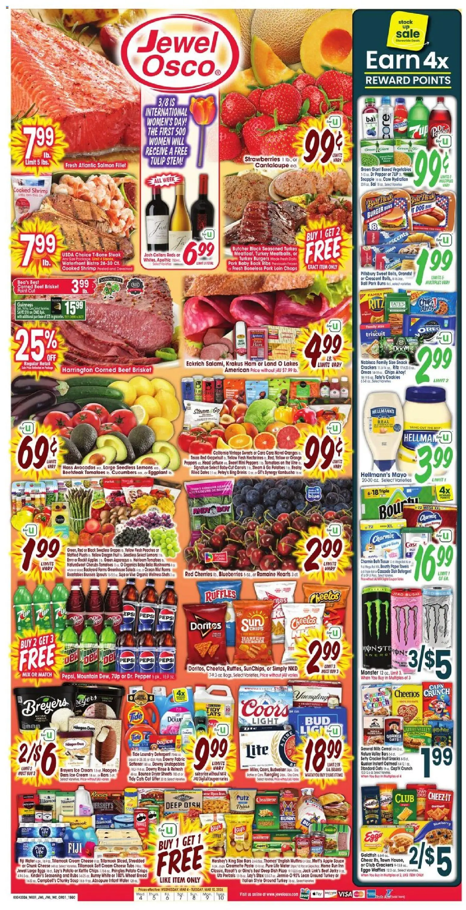 Jewel Osco Weekly Ad - IL - valid from 04.03.2026 | Page: 1 | Products: Romaine, Tomatoes, Detergent, Dryer