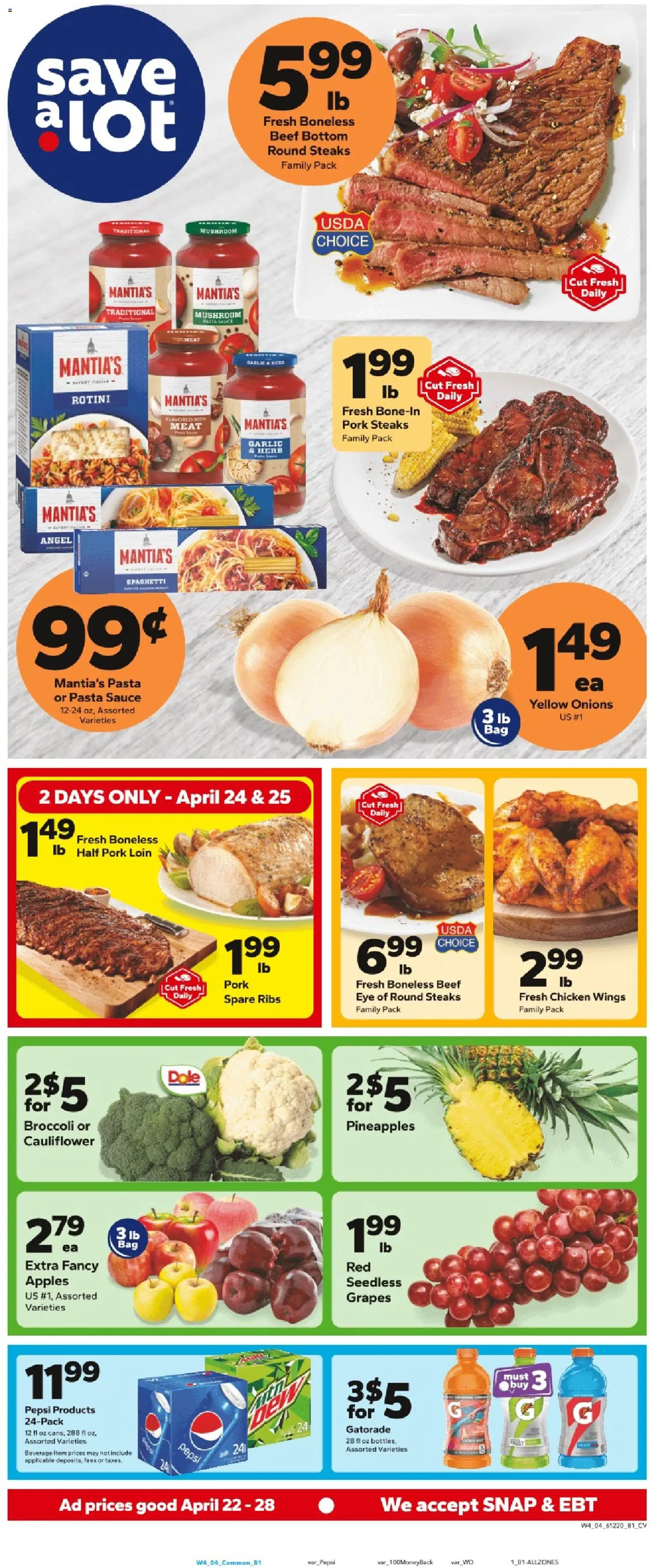 Save a Lot Weekly Ad - valid from 22.04.2026 | Page: 1 | Products: Pasta, Sauce, Grapes, Cauliflower