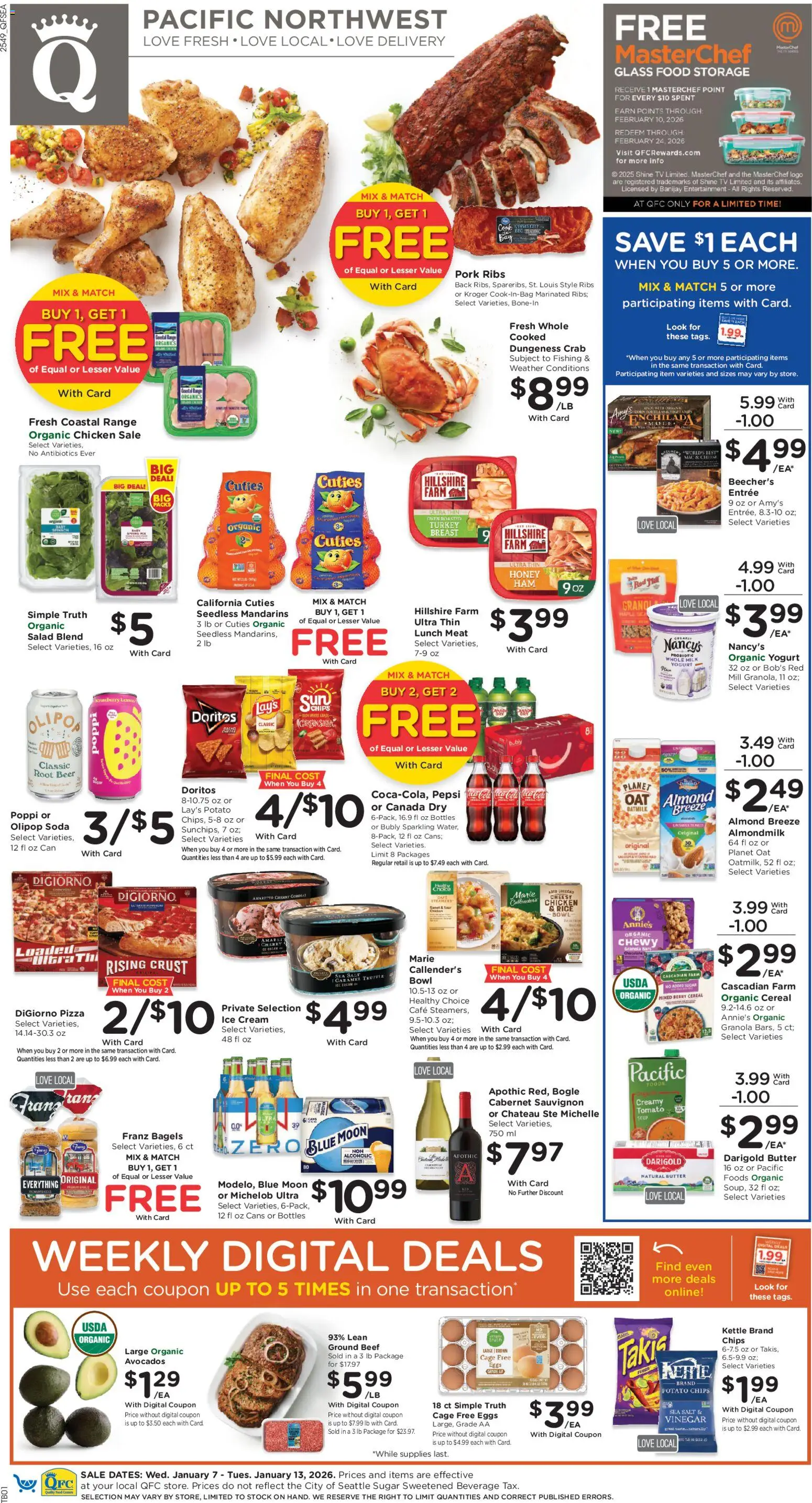 QFC Weekly Ad - valid from 07.01.2026 | Page: 1 | Products: Butter, Cheese, Pizza, Beef
