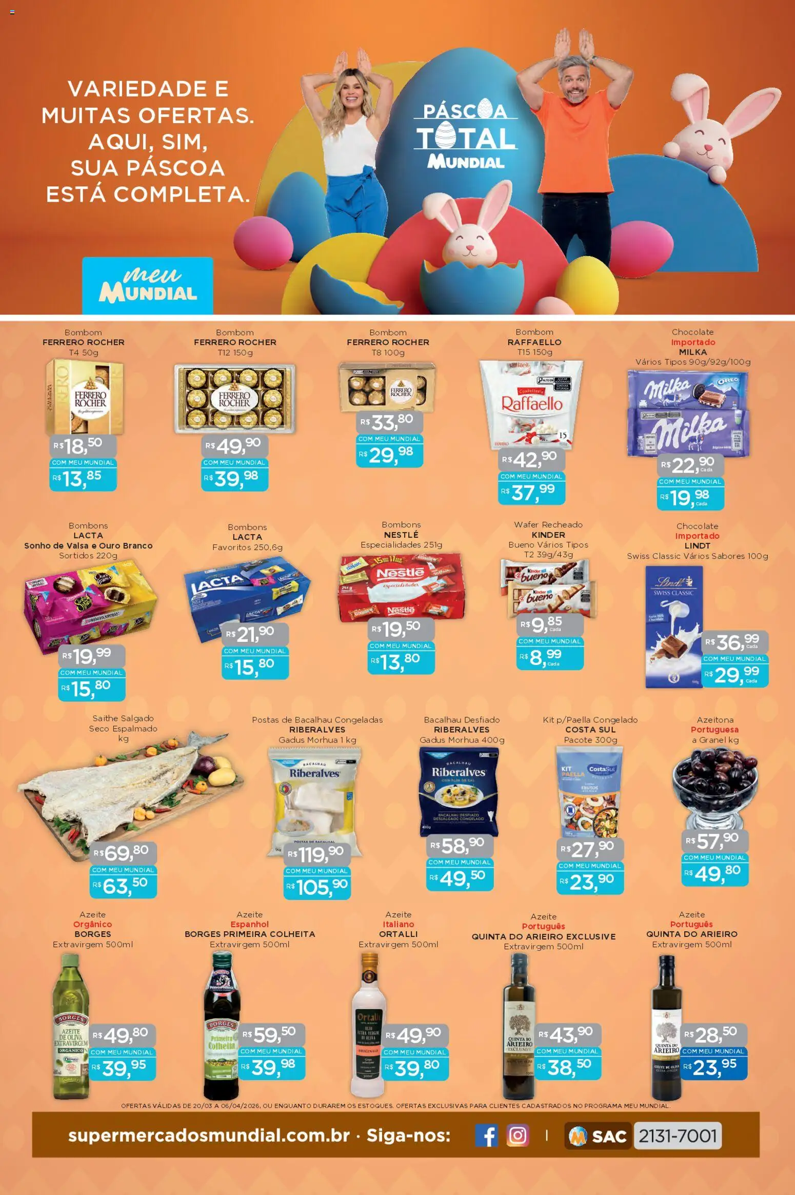 Mundial Folheto - válido de 20.03.2026 | Página: 1 | Produtos: Bacalhau, Ferrero Rocher, Azeite, Bombom