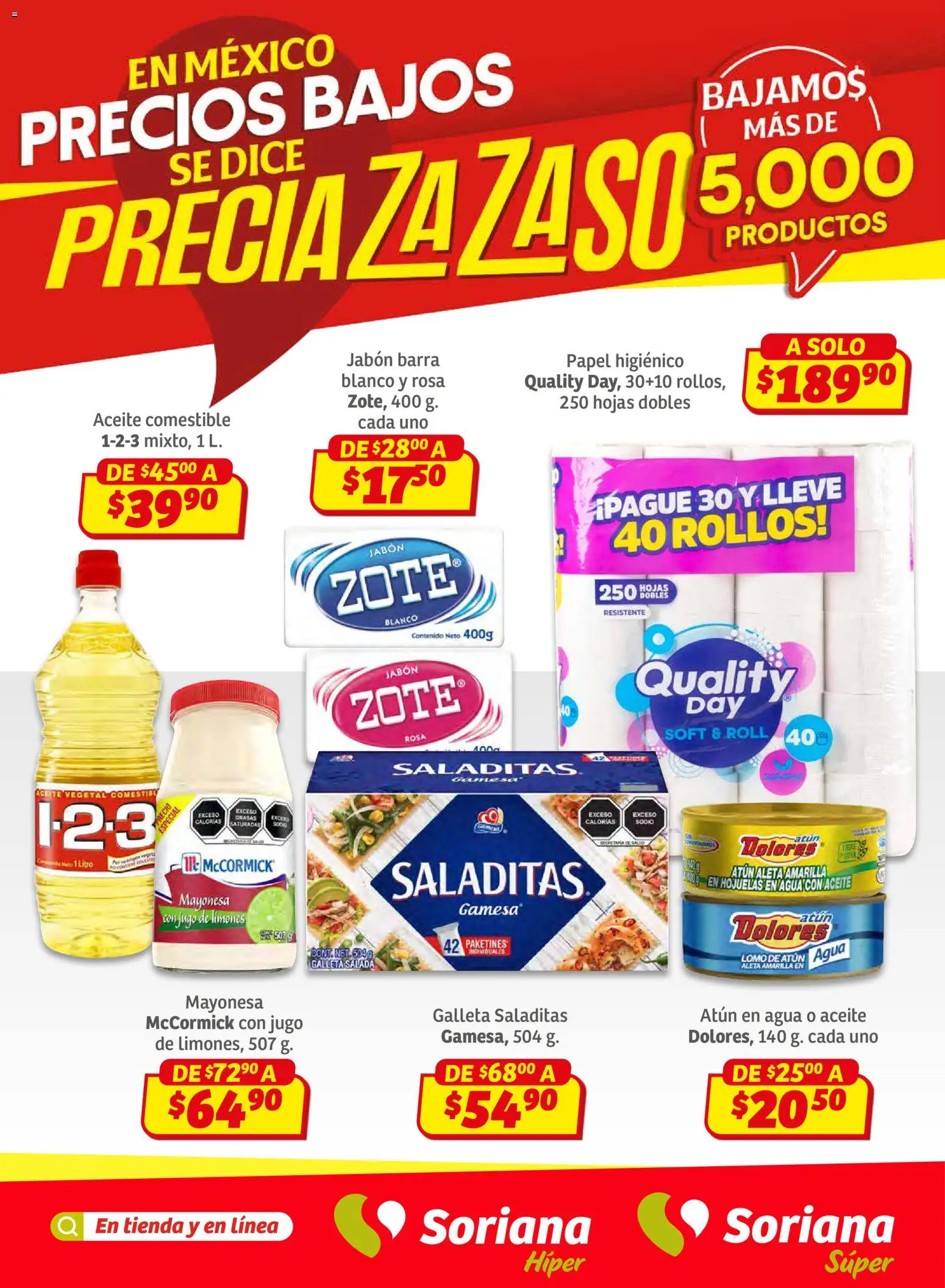 Nuevas ofertas de Soriana válidas en toda la República Mexicana desde el 12.02.2026. ¡Encuentra las mejores ofertas en Soriana - Preciazazaso Súper: BCS, Jal, Nay, Sin, Son! | Página: 1 | Productos: Camisa, Aceite, Hojuelas, Papel higiénico