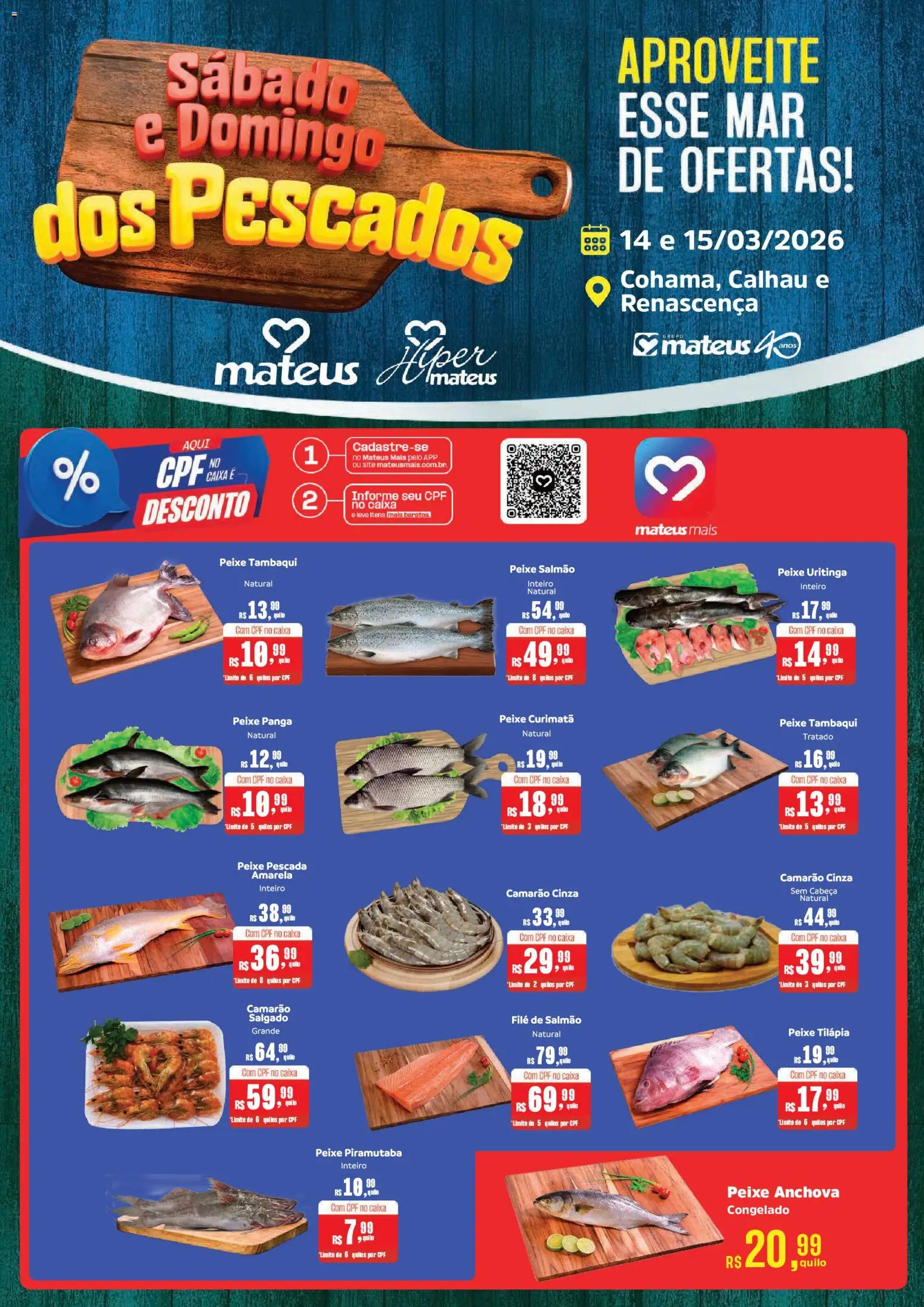 Mateus Folheto - válido de 14.03.2026 | Página: 1 | Produtos: Salmão, Camarão, Tilápia, Peixe