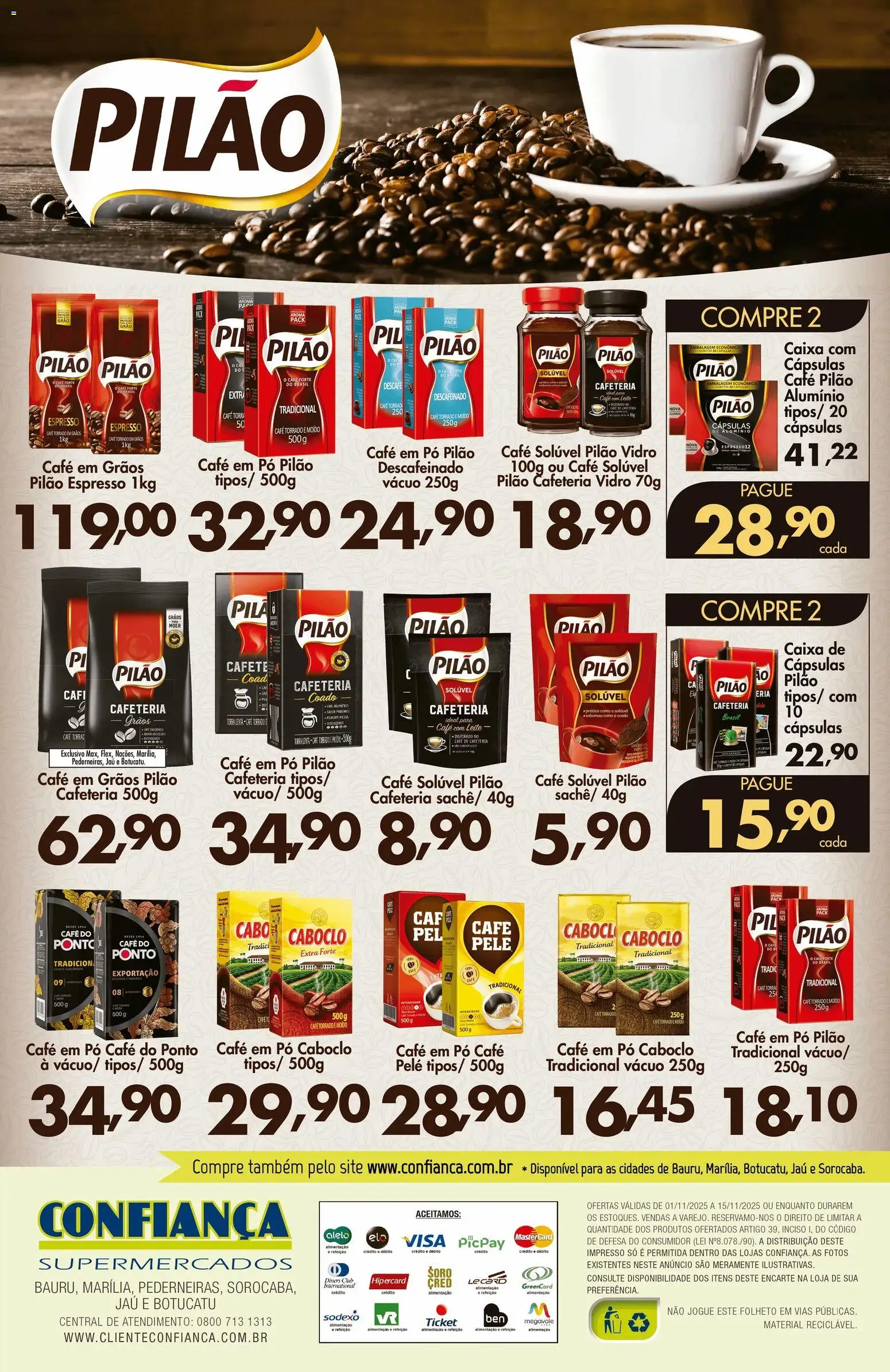 Confiança Folheto - válido de 01.11.2025 | Página: 2 | Produtos: Leite, Café pilão, Cabo, Café solúvel