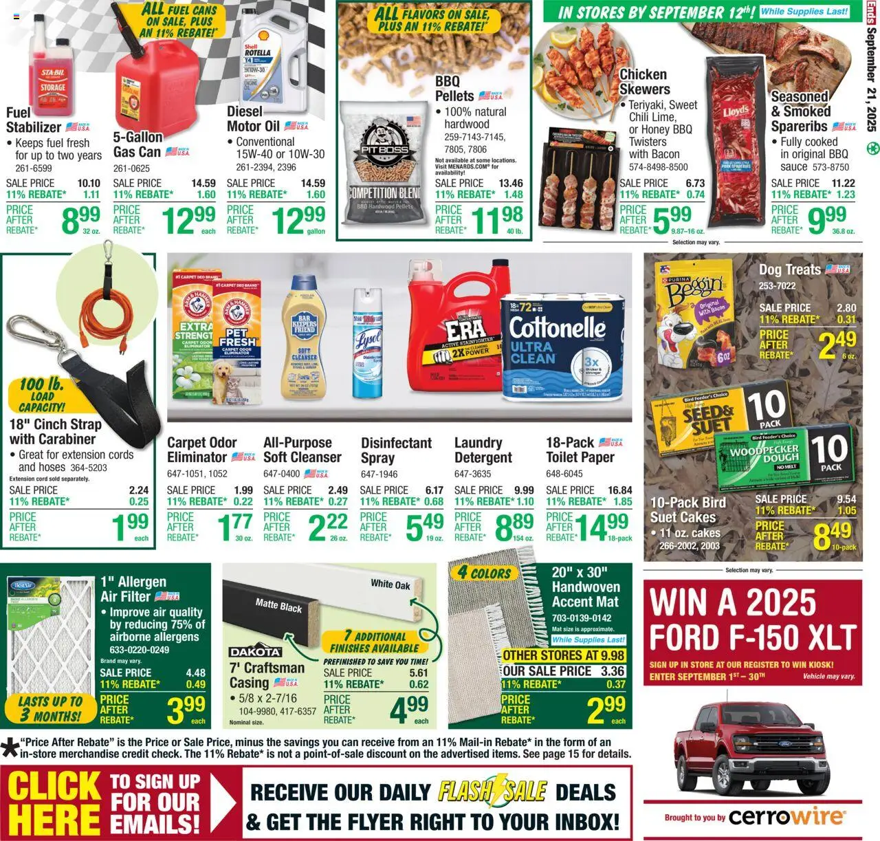 Menards - Weekly Ad - valid from 10.09.2025 | Page: 25 | Products: Carpet, Sauce, Motor Oil, Air Filter