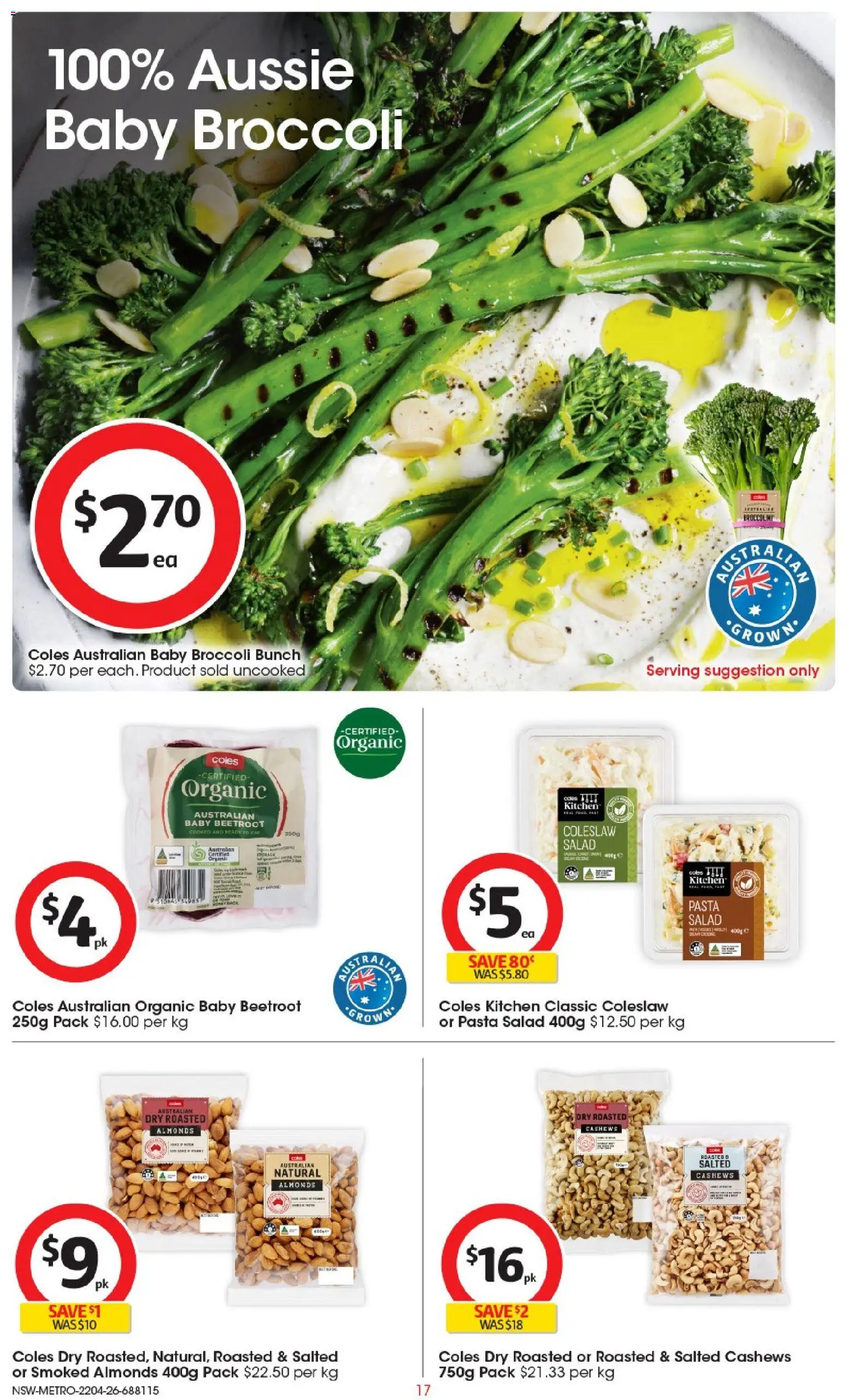 Coles catalogue - valid from 22.04.2026 | Page: 17 | Products: Almonds, Pasta, Salad, Beetroot