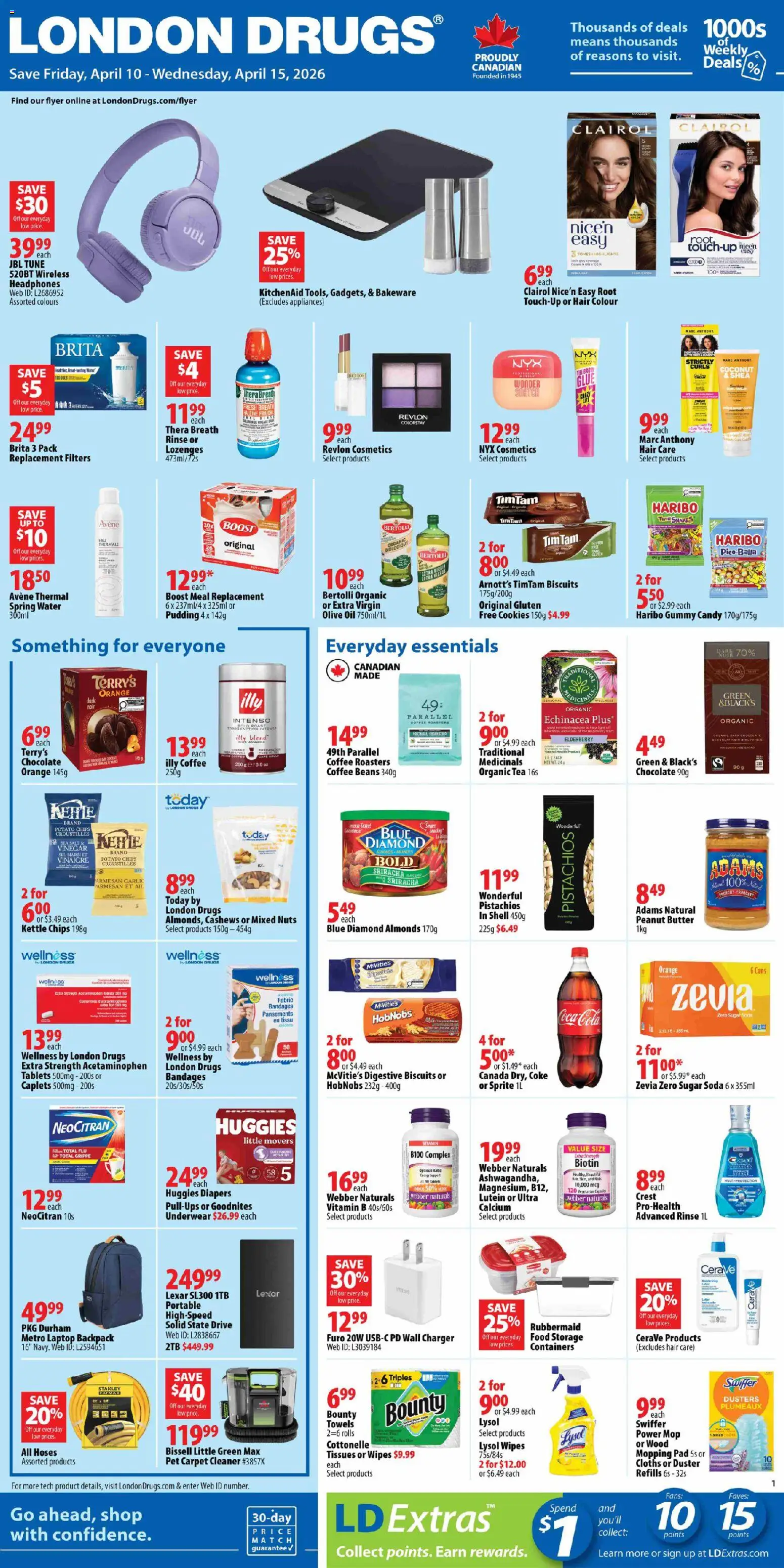London Drugs flyer valid from 10.04.2026 | Page: 1 | Products: Butter, Coffee, Chocolate, Underwear