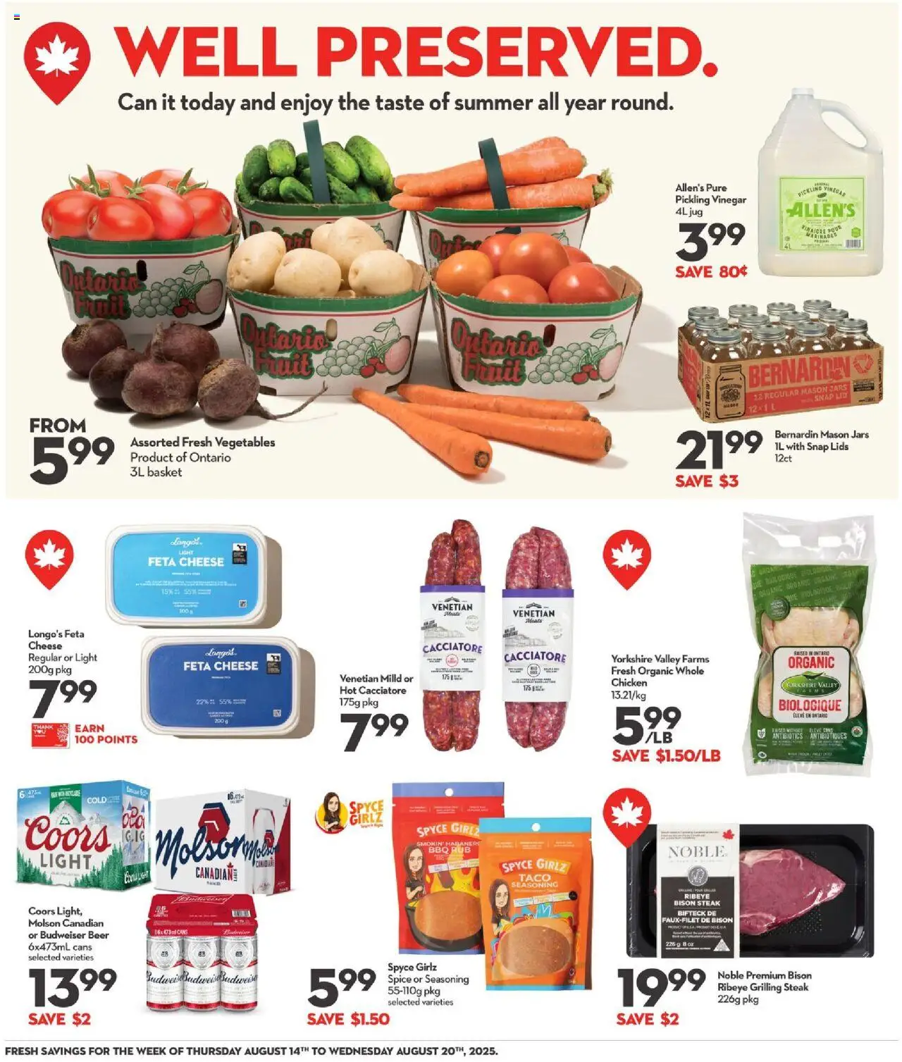 Longo's flyer valid from 14.08.2025 | Page: 14 | Products: Basket, Cheese, Beer, Chicken