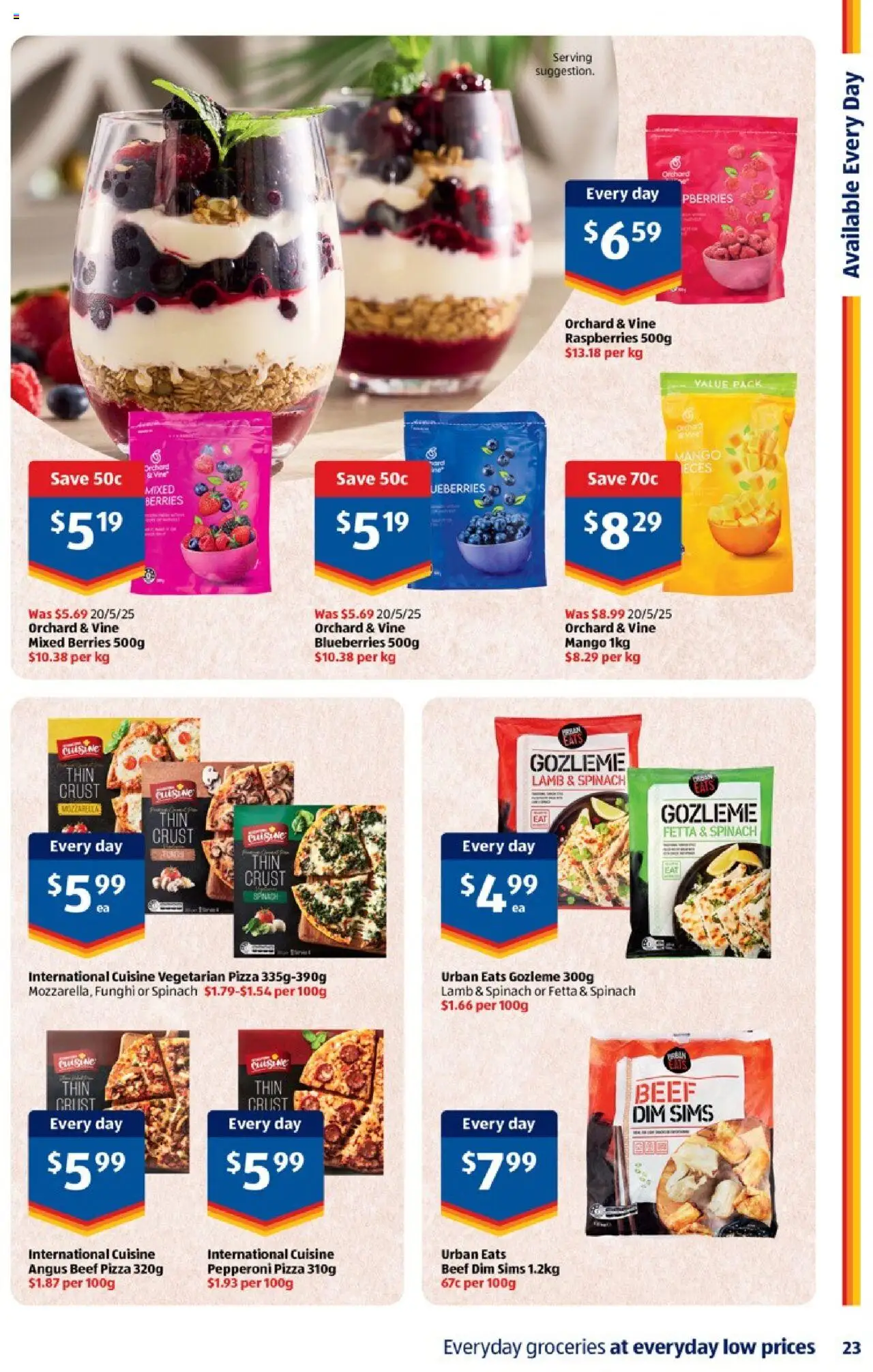 Aldi catalogue - valid from 01.10.2025 | Page: 23 | Products: Pizza, Beef, Spinach, Blueberries