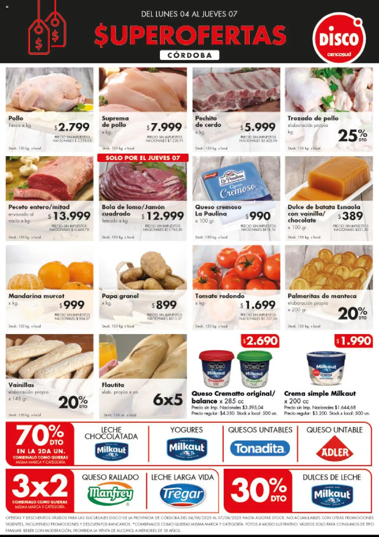 Disco ofertas - Córdoba │ válido desde el 04.08.2025 | Página: 1 | Productos: Disco, Tomate, Chocolatada, Crema