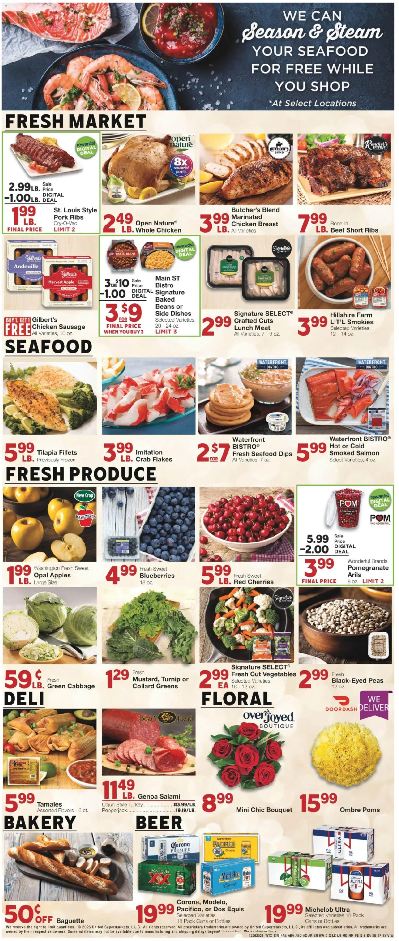 United Supermarkets Weekly Ad - valid from 26.12.2025 | Page: 4 | Products: Bakery, Beer, Pork, Greens