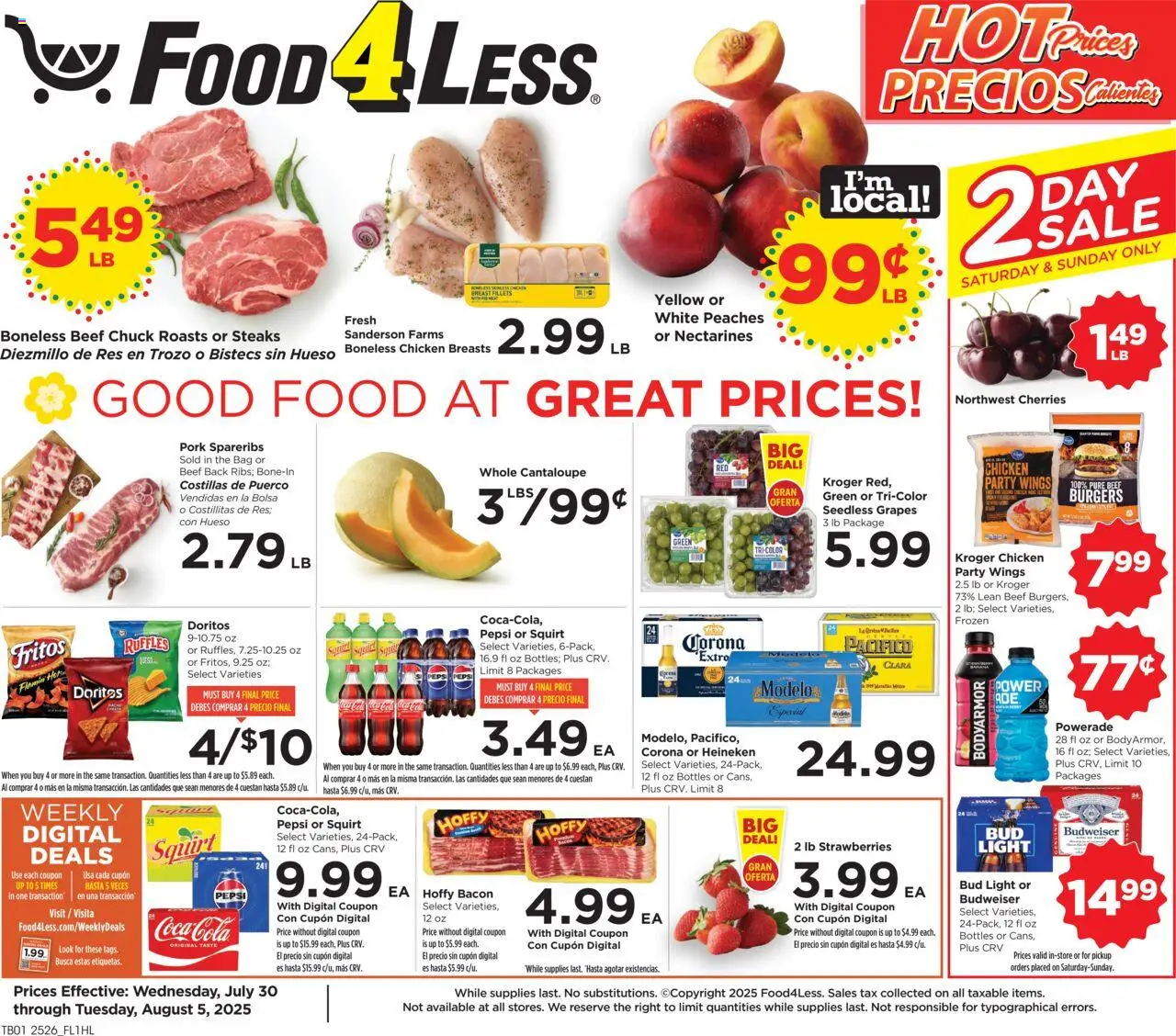Food 4 Less Weekly Ad - valid from 30.07.2025 | Page: 1 | Products: Pork, Beef, Strawberries, Grapes