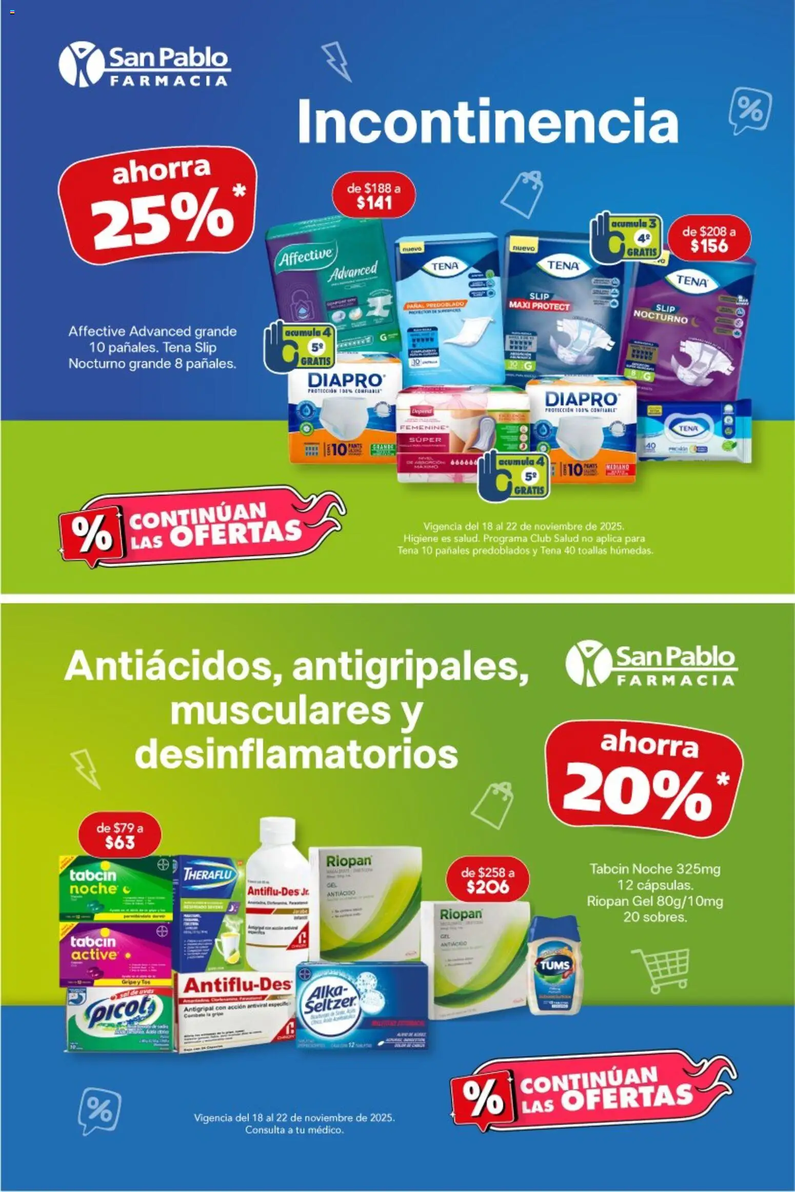 Nuevas ofertas de Farmacia San Pablo válidas en toda la República Mexicana desde el 18.11.2025. ¡Encuentra las mejores ofertas en Farmacia San Pablo catálogo! | Página: 5 | Productos: Pañales, Antiácido, Antigripal, Toallas