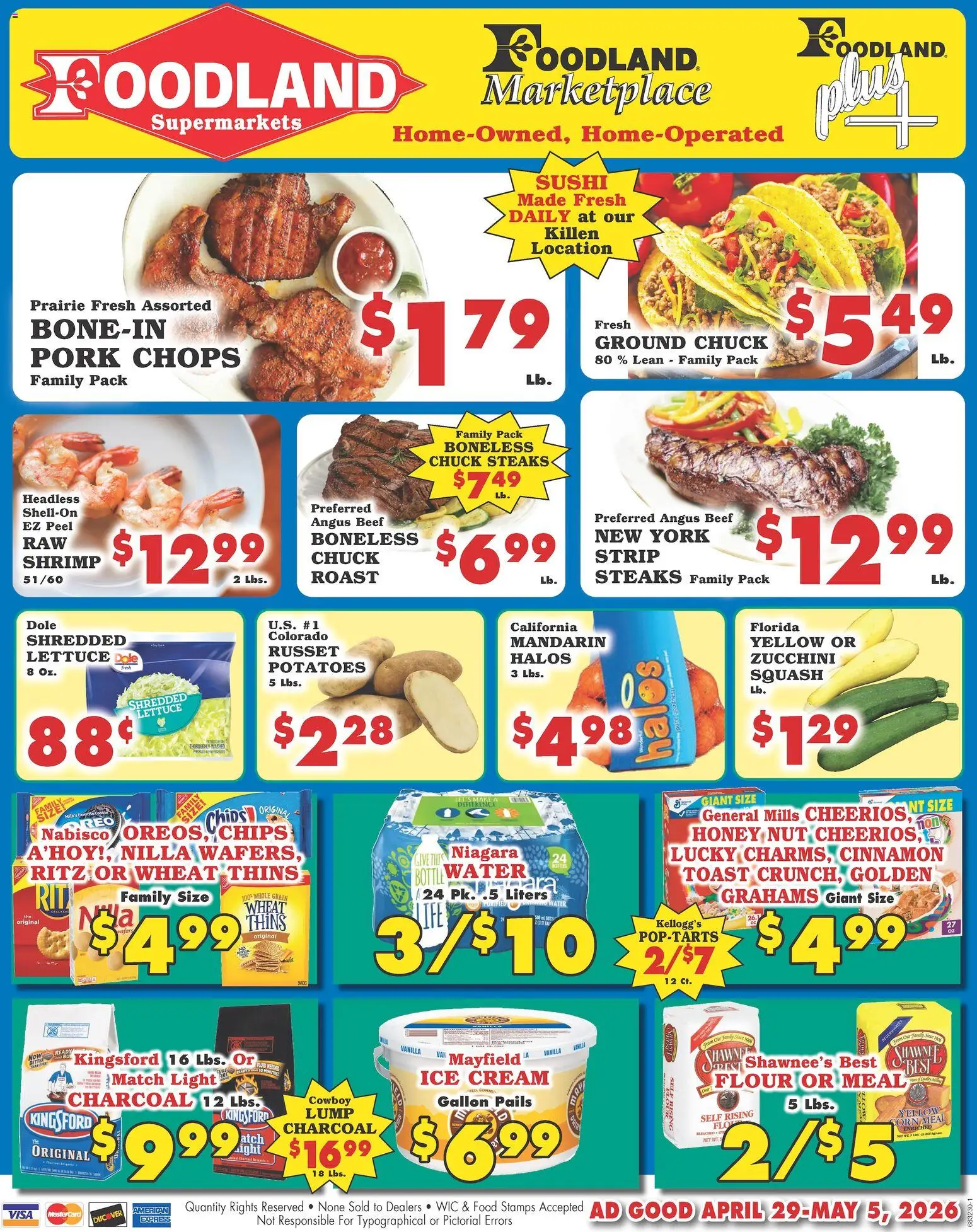 Foodland Weekly Ad - Supermarkets - valid from 29.04.2026 | Page: 1 | Products: Corn, Pork, Potatoes, Water