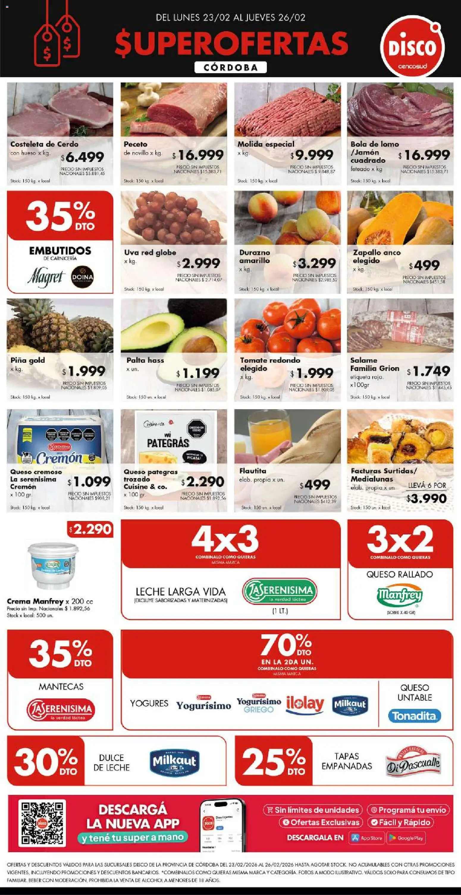 Disco - FERIA DE FRESCOS CÓRDOBA │ válido desde el 22.02.2026 | Página: 1 | Productos: Sobre, Durazno, Queso, Salame