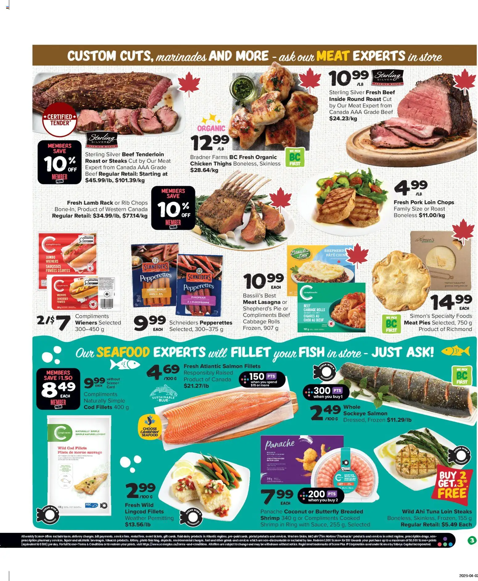 Thrifty Foods flyer valid from 16.04.2026 | Page: 4 | Products: Fish, Beef, Chicken, Pork