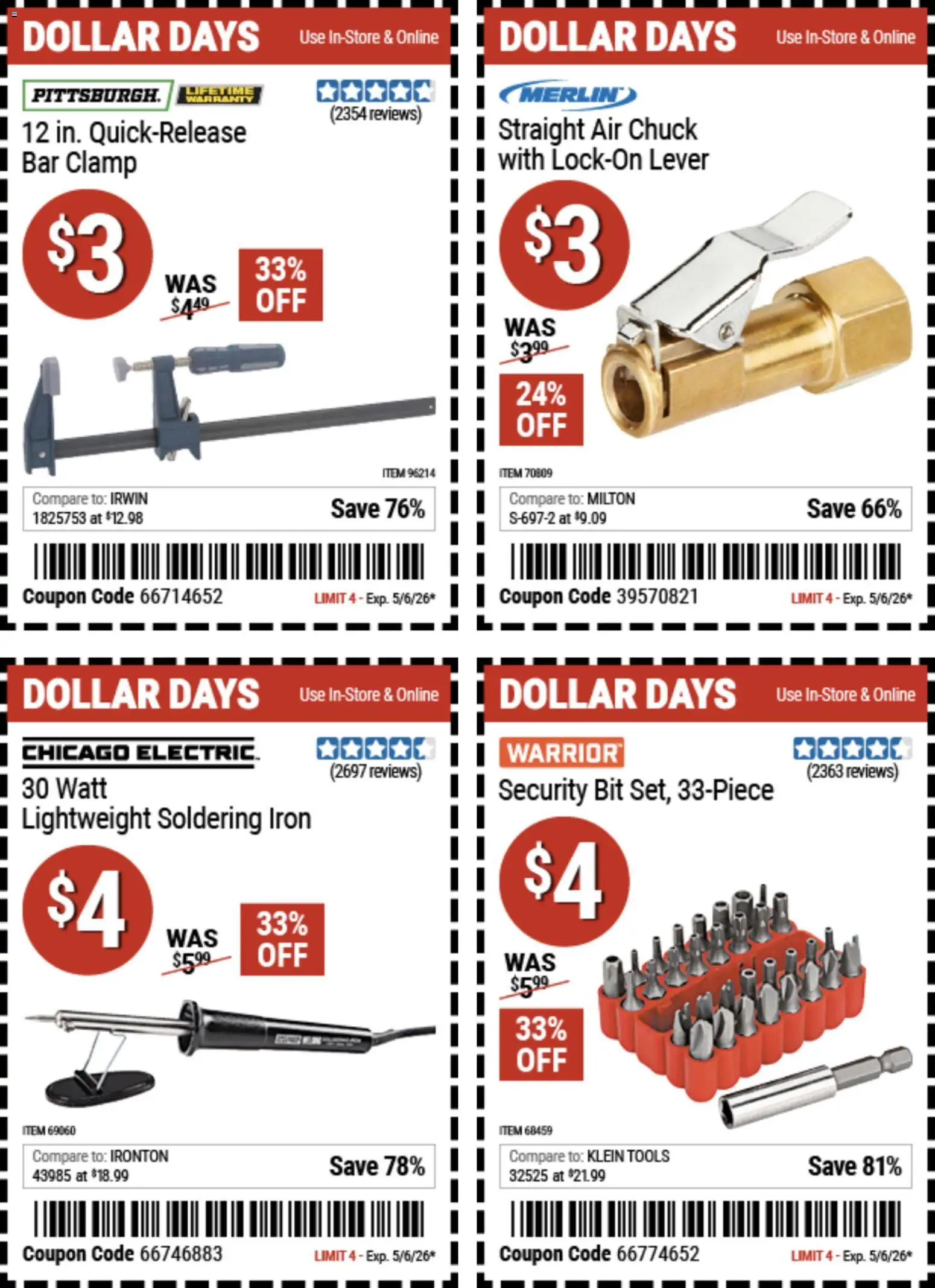 Harbor Freight Dollar Days - valid from 23.04.2026 | Page: 3 | Products: Clamp, Bar Clamp, Soldering Iron, Iron