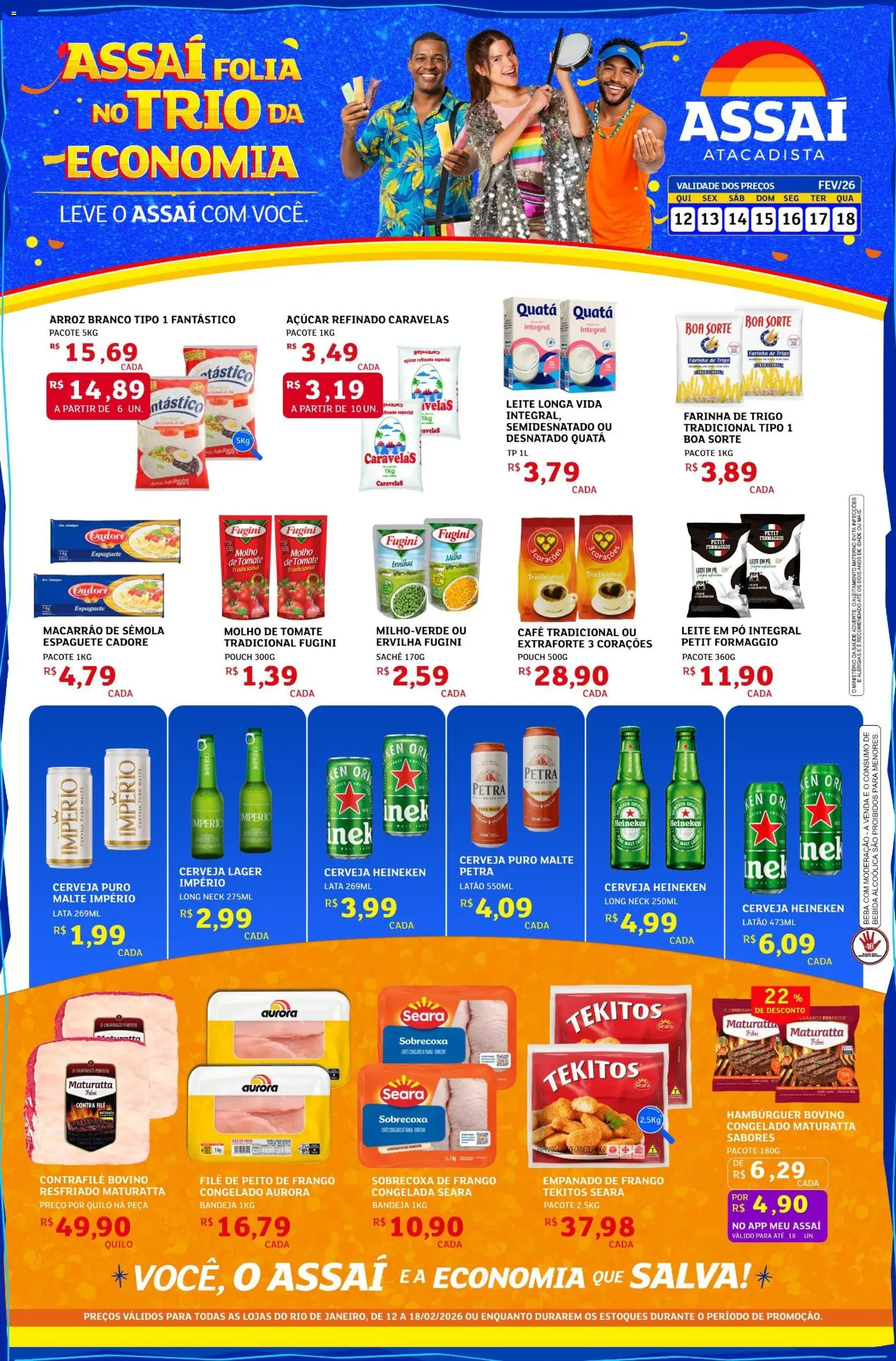 Assaí Atacadista Folheto - válido de 12.02.2026 | Página: 1 | Produtos: Cerveja Heineken, Bandeja, Açúcar, Peito de frango