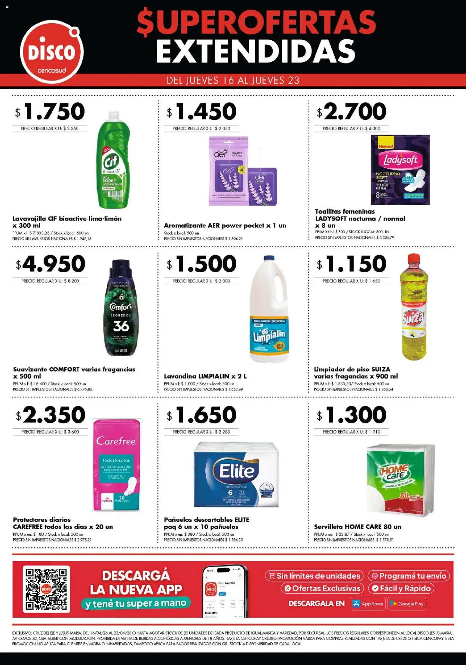 Disco - Super Ofertas Extendidas 16.04 Cruz del Eje y Jesus Maria │ válido desde el 16.04.2026 | Página: 7 | Productos: Lavandina, Disco, Suavizante, Limpiador