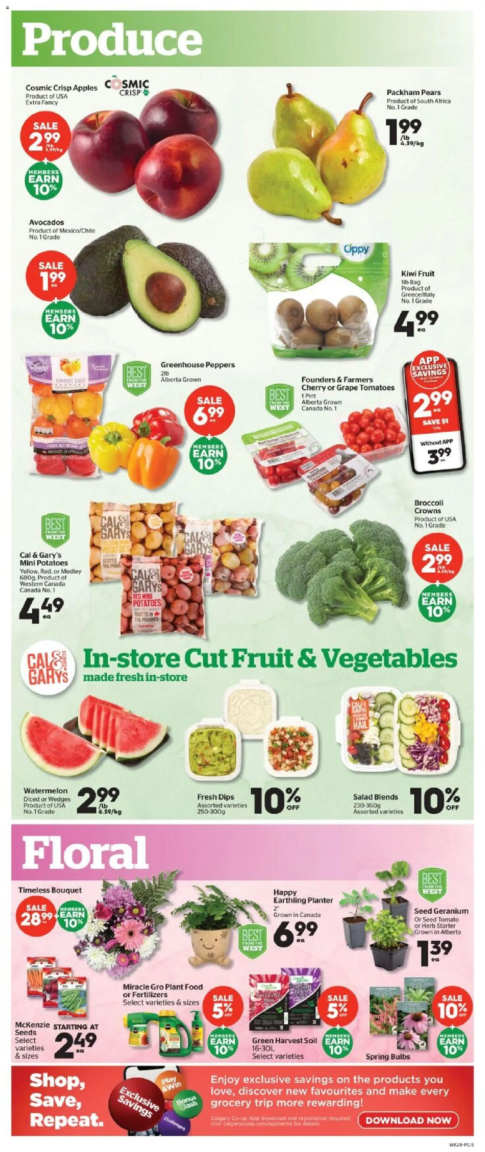 Calgary Co-op flyer valid from 16.04.2026 | Page: 5 | Products: Kiwi, Salad, Potatoes, Bag
