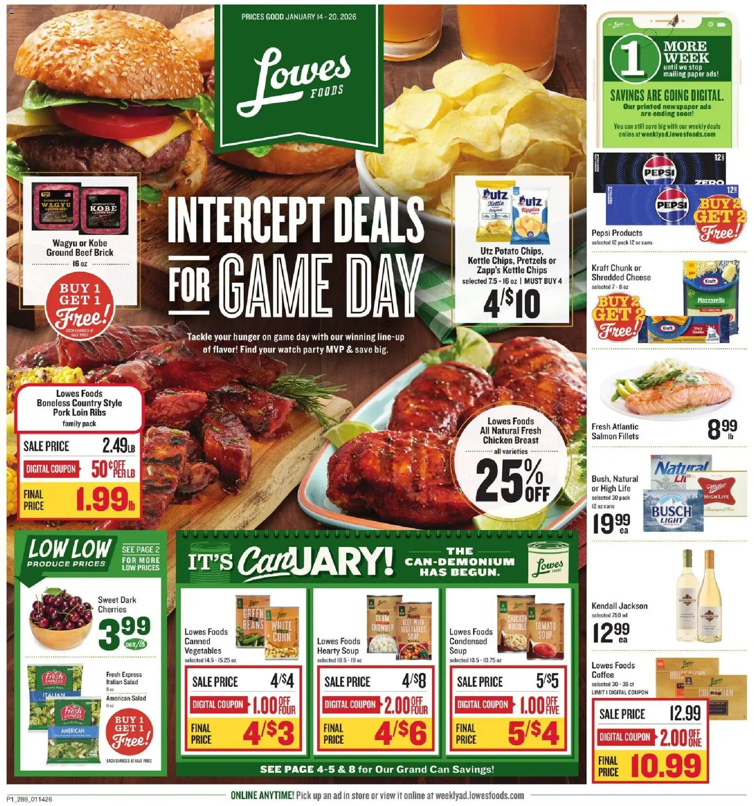 Lowes Foods Weekly Ad - GA - valid from 14.01.2026 | Page: 1 | Products: Cherries, Vegetables, Game, Kettle